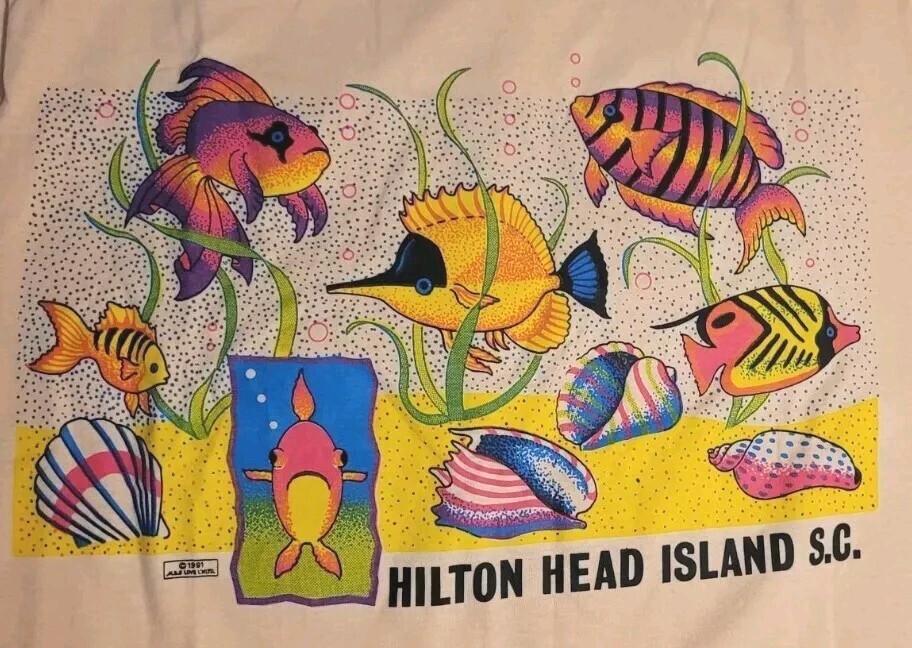 Vintage 90’s Anvil Single Stitch Colorful Neon Fish Shirt S.C. XL Apricot Color