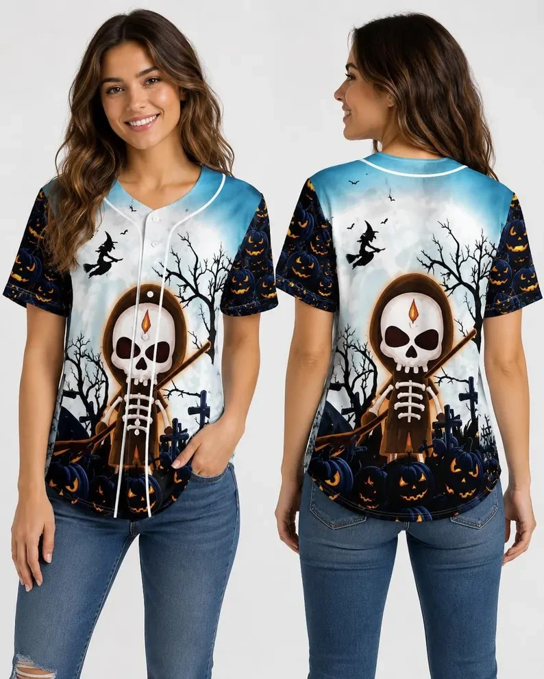 Women Halloween Baseball Jersey Shirt Cute Grim Reaper Skeleton Witch Spooky Top