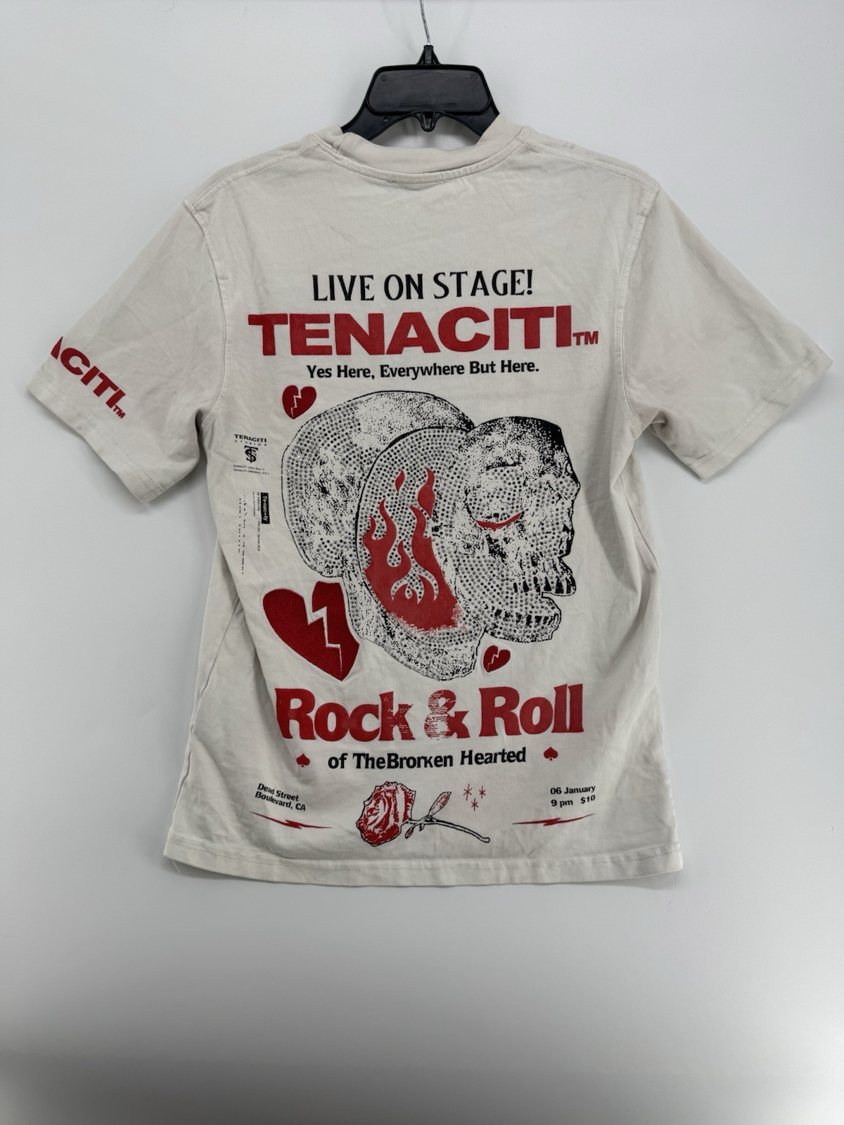 Tenaciti Rock And Roll White T Shirt Size XS, Flaws
