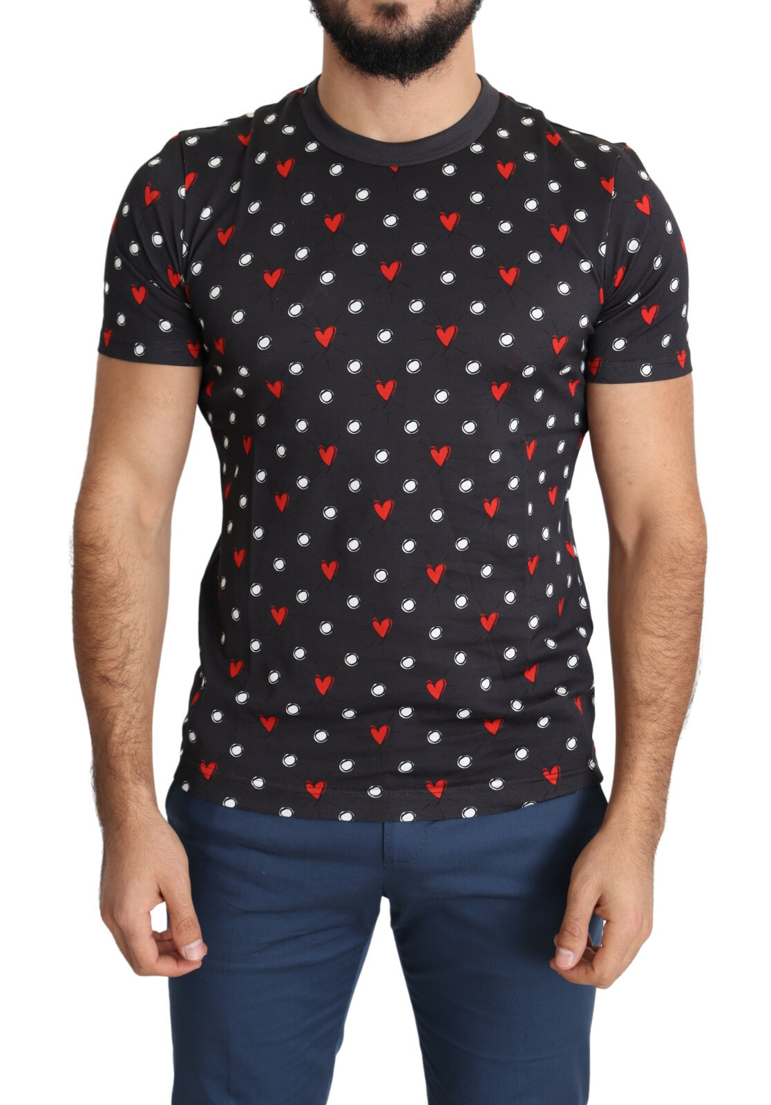 DOLCE & GABBANA T-shirt Dark Gray Hearts Print Cotton Men IT48/US38/M RRP $600