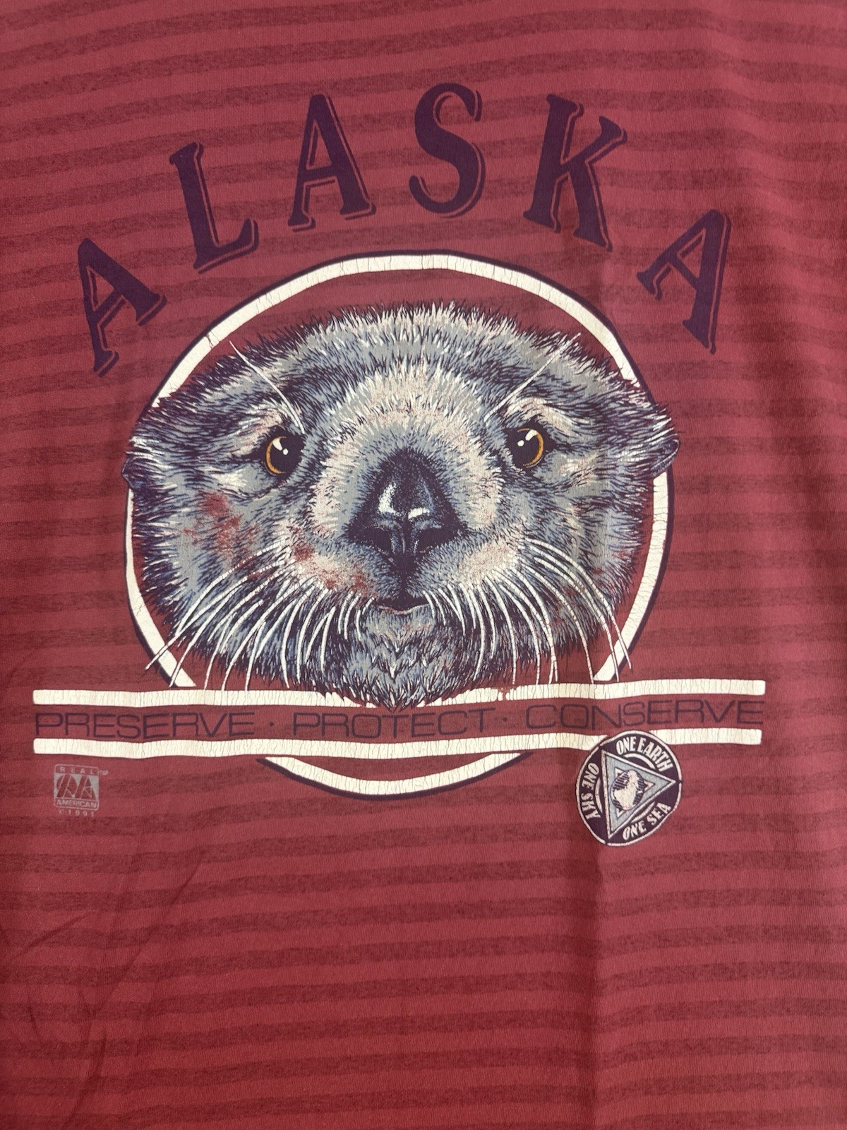 Vintage 90’s Alaska Red Striped T Shirt Size XL Made In USA Otter Short Sleeve