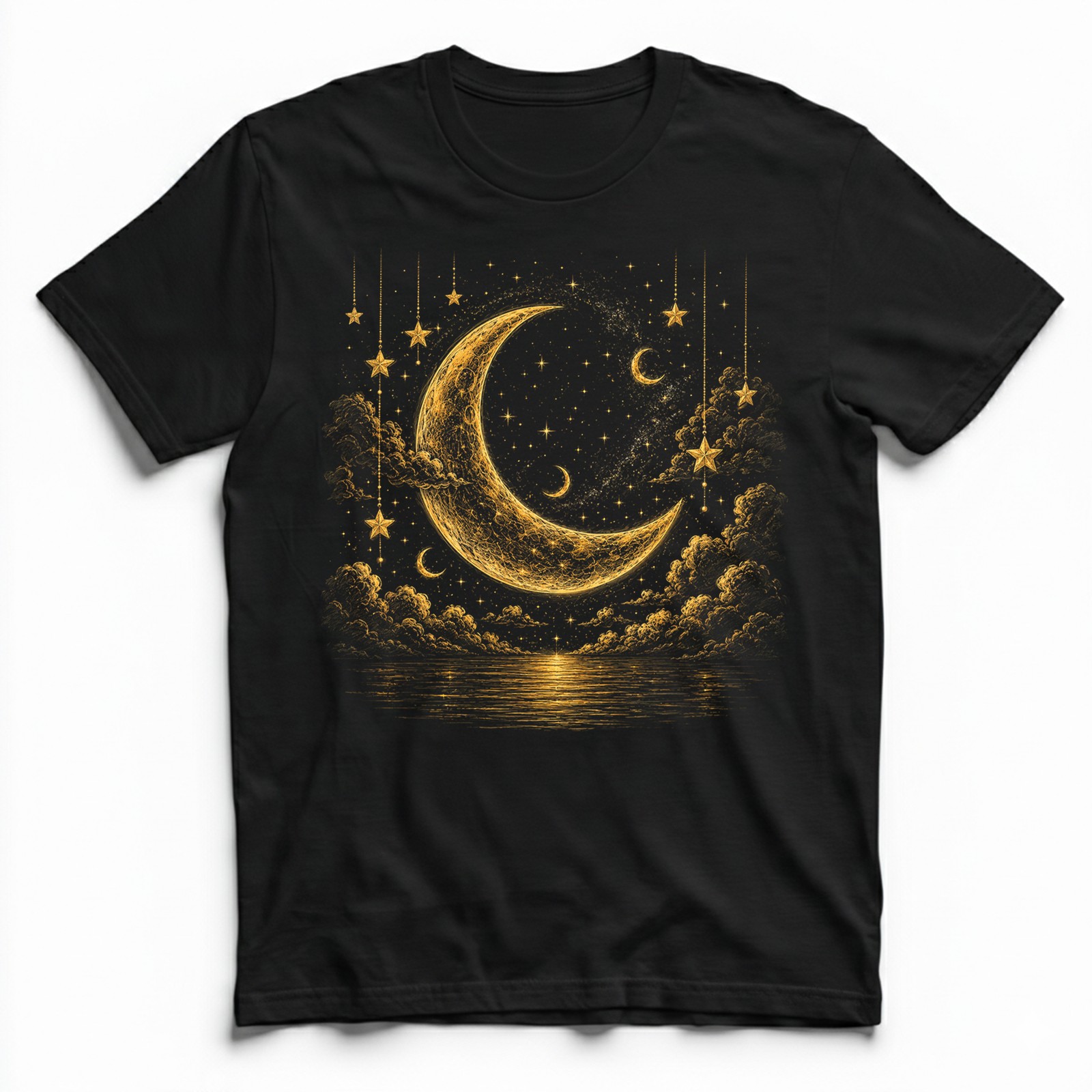 Golden Crescent Moon Stars T-Shirt Mystic Night Sky Reflection Tee