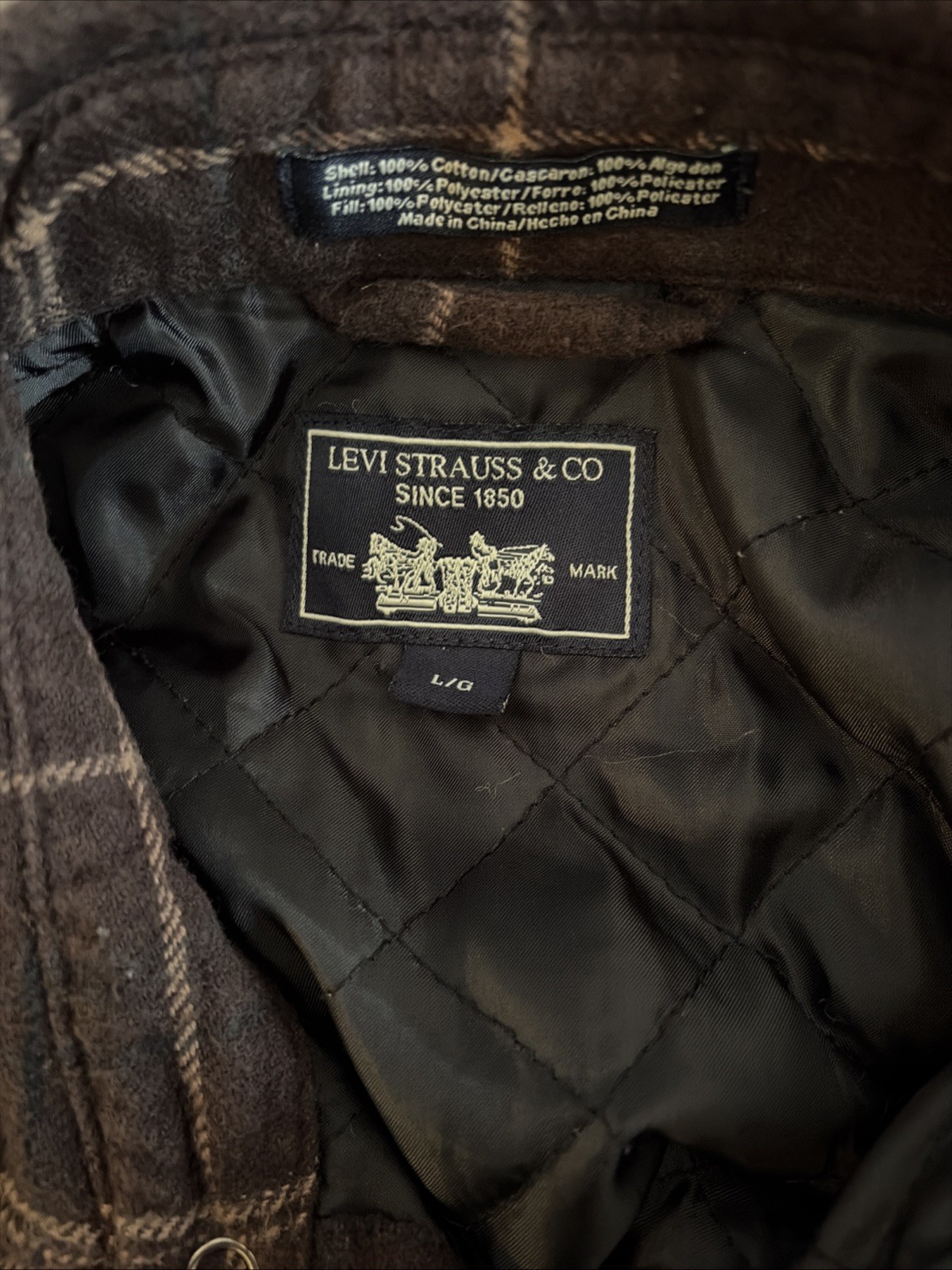 Men’s Levi Strauss Thermal Quilted Lined Plaid Flannel Shirt Size L