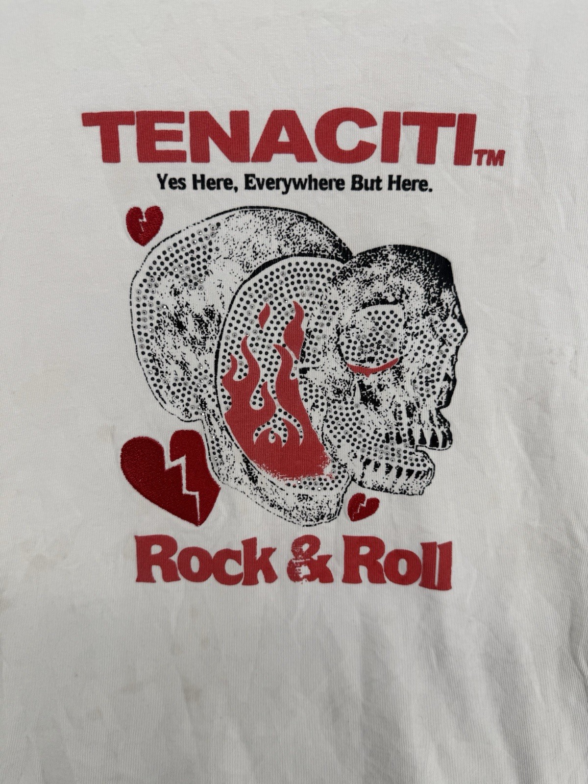 Tenaciti Rock And Roll White T Shirt Size XS, Flaws