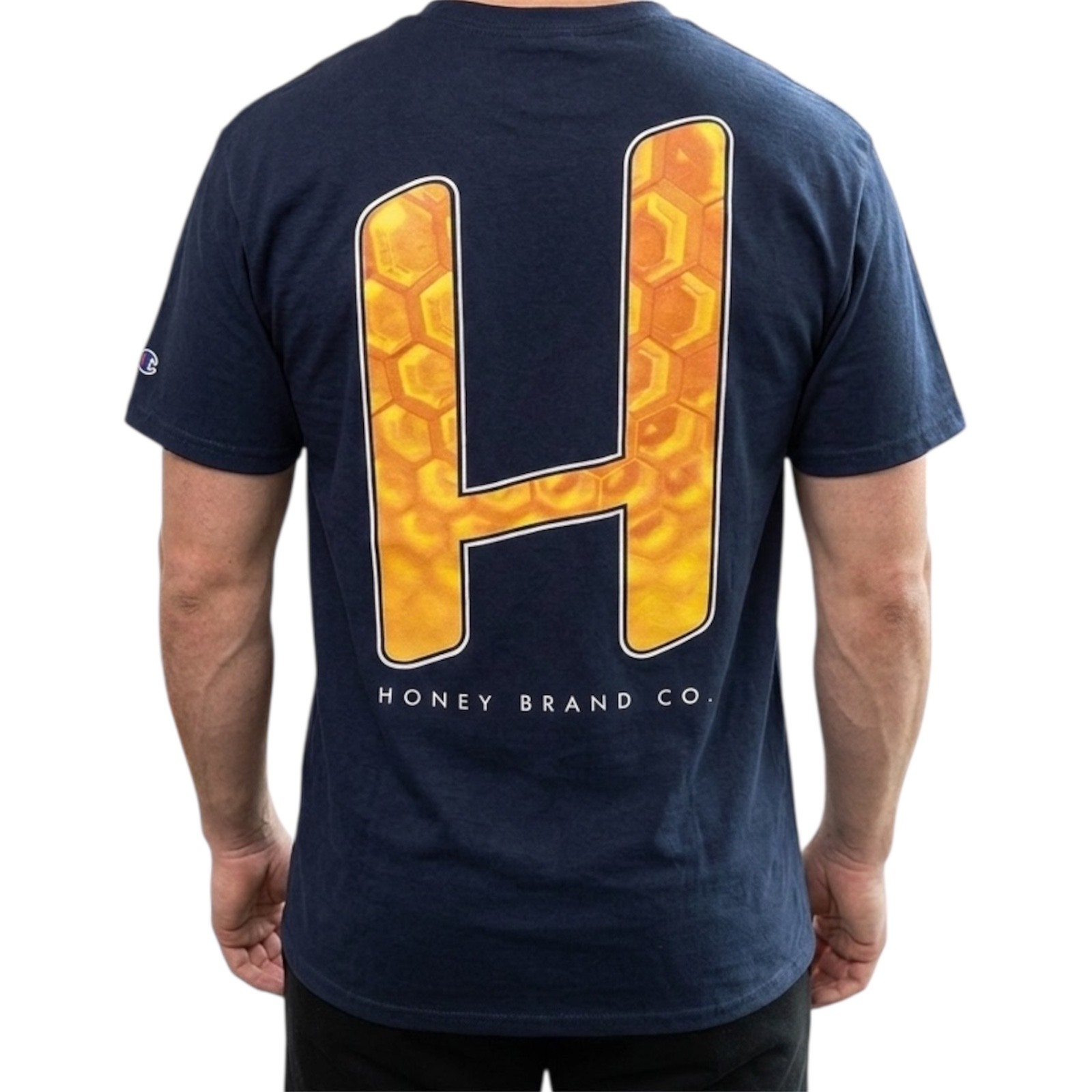 $40 CHAMPION x HONEY BRAND Navy Blue HONEYCOMB Regular Fit Supreme T-shirt NWT