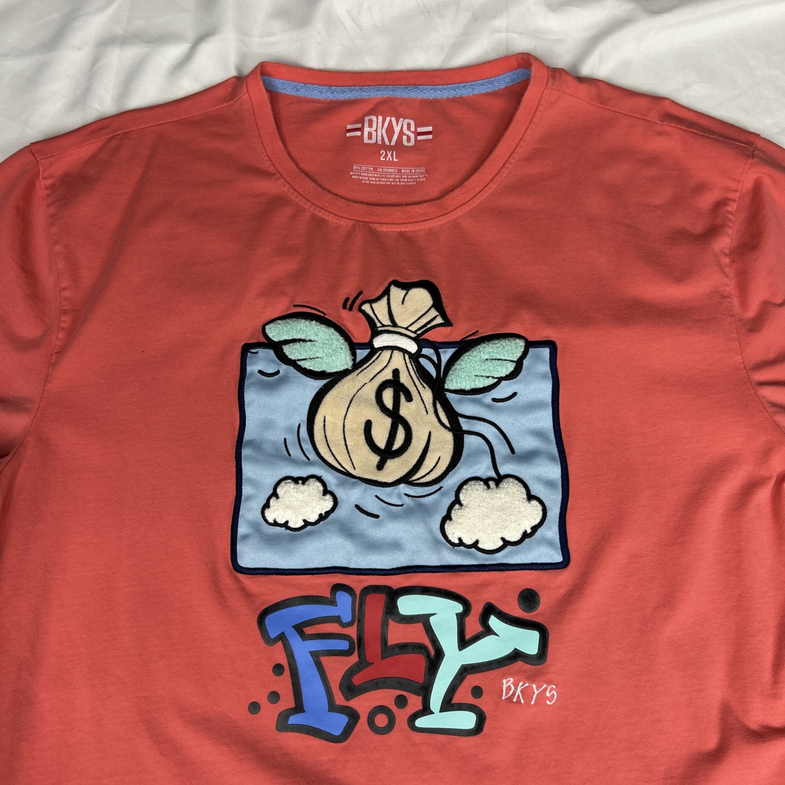 BKYS Fly Coral Pink T Shirt Money Bag Wings Applique Puffy Graphic Flocked 2XL