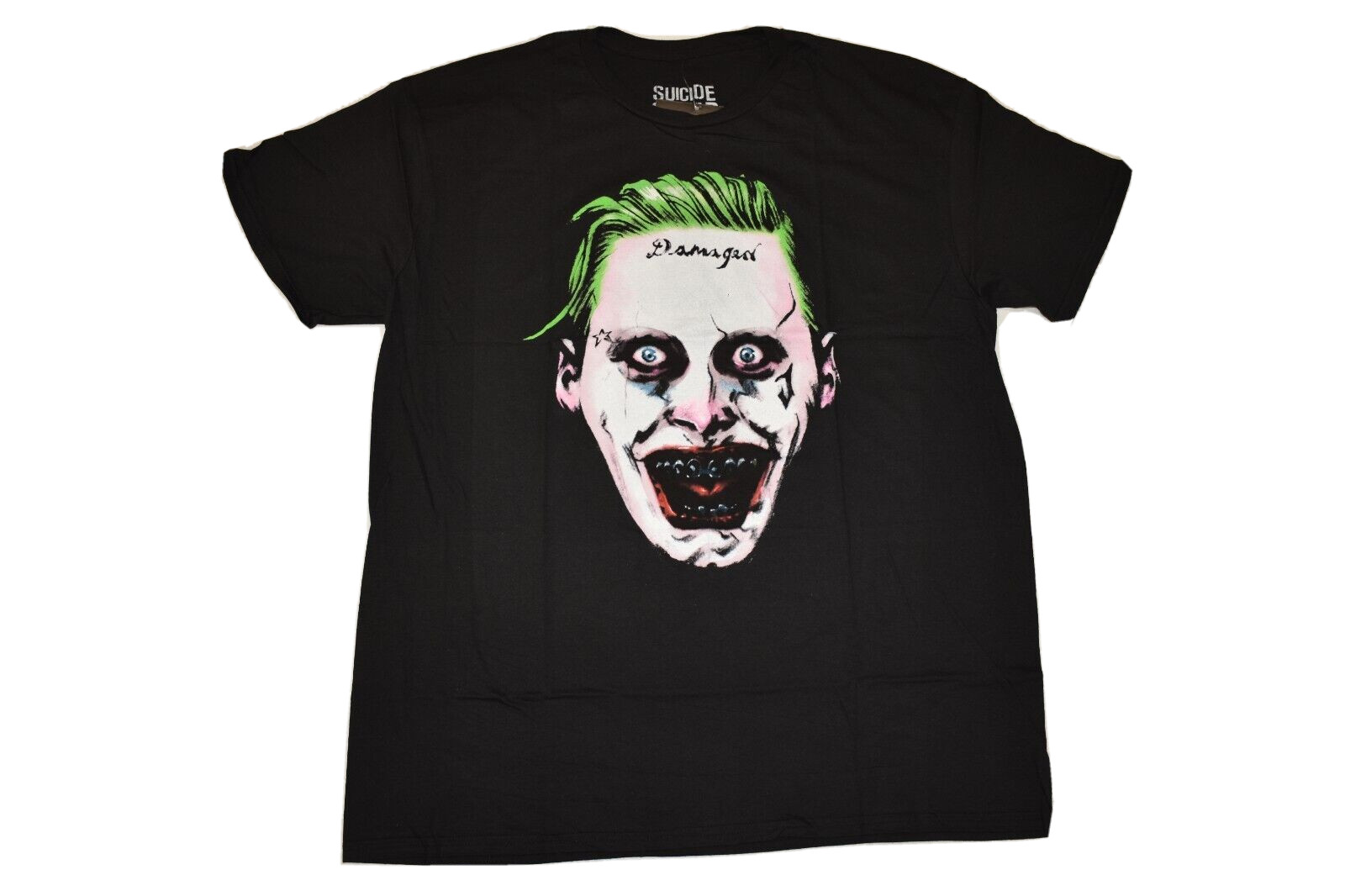 Suicide Squad Mens DC Comics Joker Damaged Tattoo On Forehead Shirt NWT S, L, XL