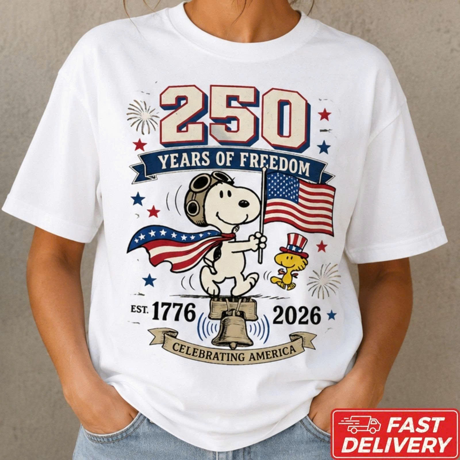 America Turns 250 Snoopy Shirt Red White Blue Freedom Celebration