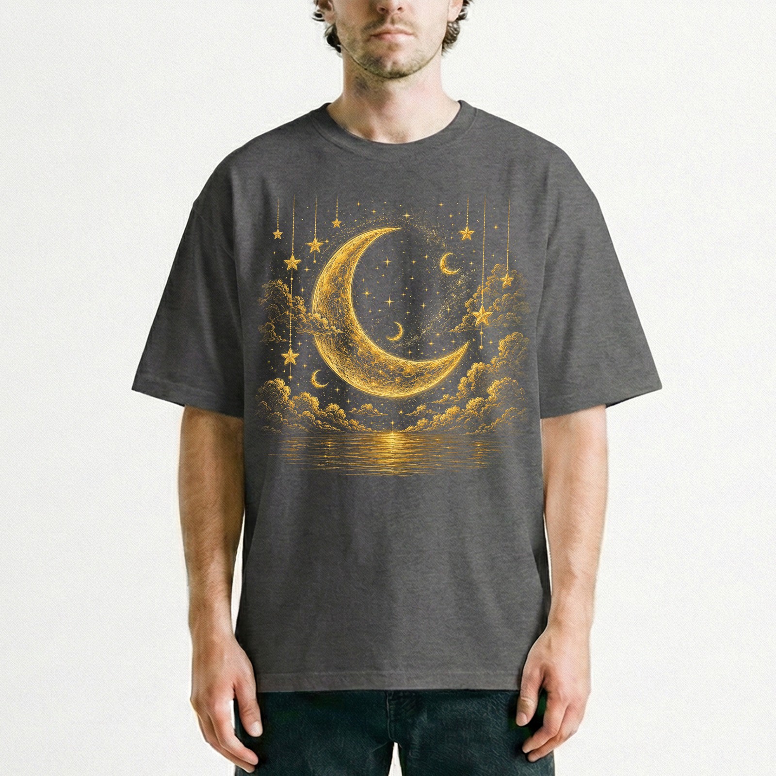 Golden Crescent Moon Stars T-Shirt Mystic Night Sky Reflection Tee