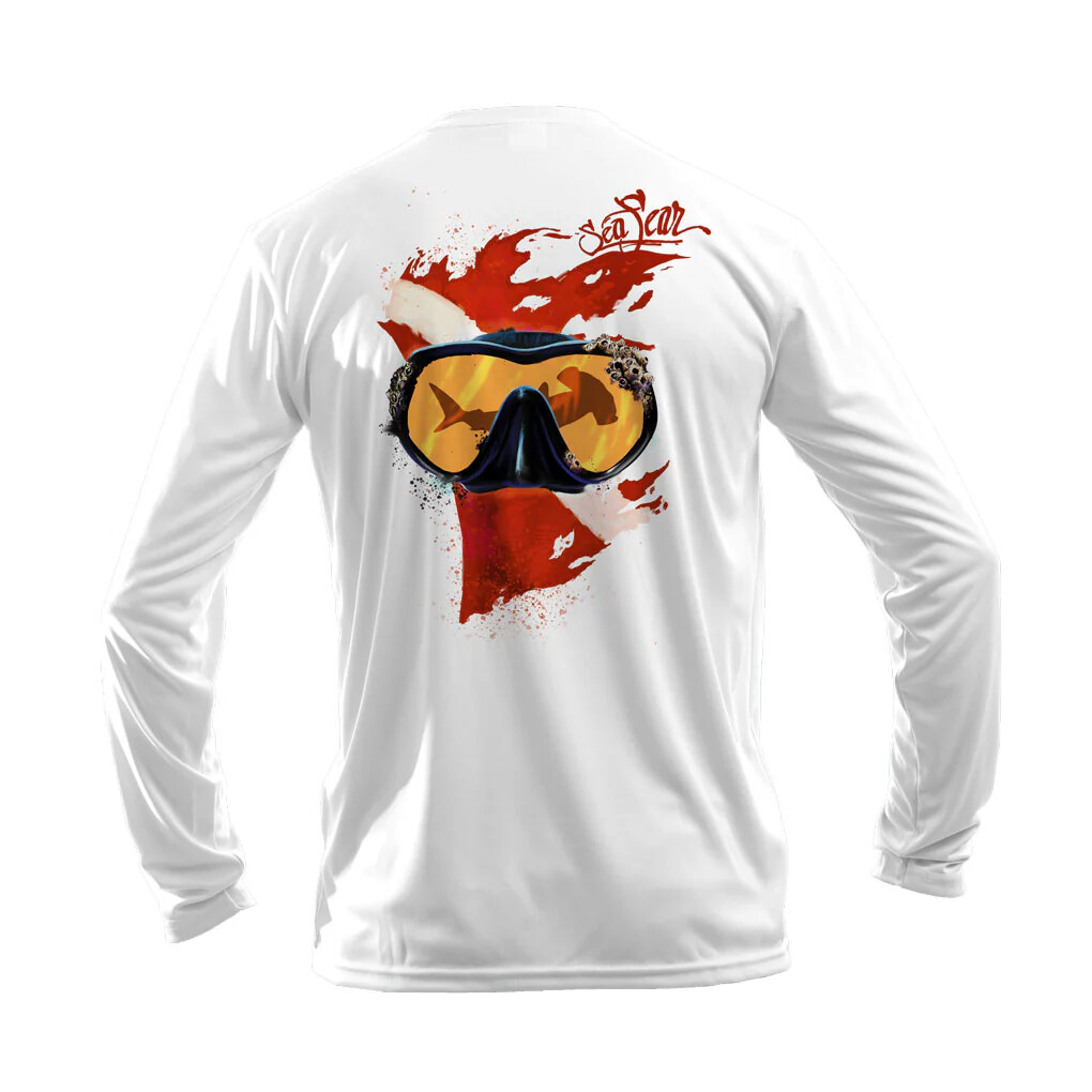 Sea Fear Men’s 50+ UPF Long Sleeve Rash Guard Scuba Diving Dive Mask White