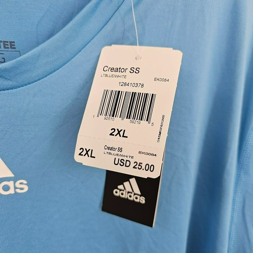 Adidas Creator Tee 2XL Light Blue White Short Sleeve Aeroready Logo EK0084 New