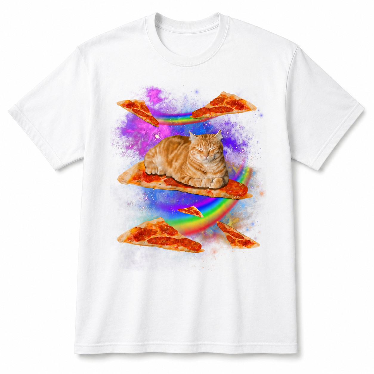Funny Galaxy Cat Riding Pizza T-Shirt Space Rainbow Graphic Tee Men’s S-5XL