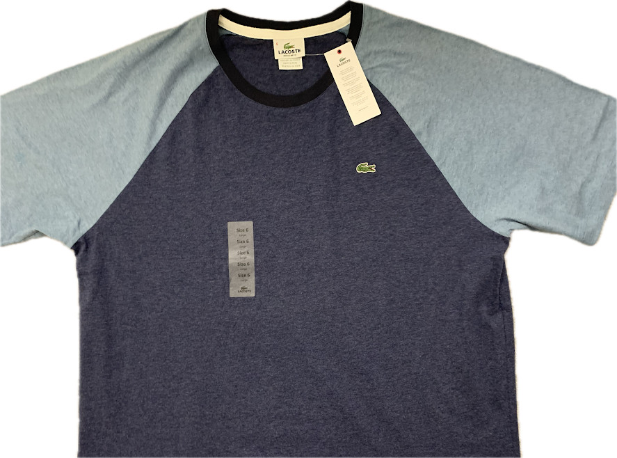 Lacoste Shirt Mens Size 6 Large XL NWT Blue Colorblock Raglan Tee Cotton Peru