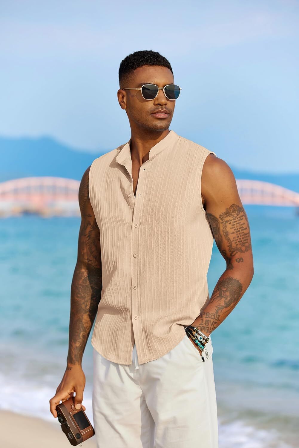 Mens Sleeveless Summer Shirts Beach Tank Tops Button Up Tank Shirt for Vacation