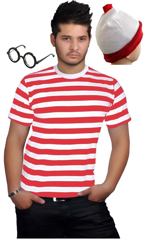 NEW MEN’S RED & WHITE BLUE STRIPE T-SHIRT HAT ADULT BOOK WEEK DAY DRESS OUTFIT