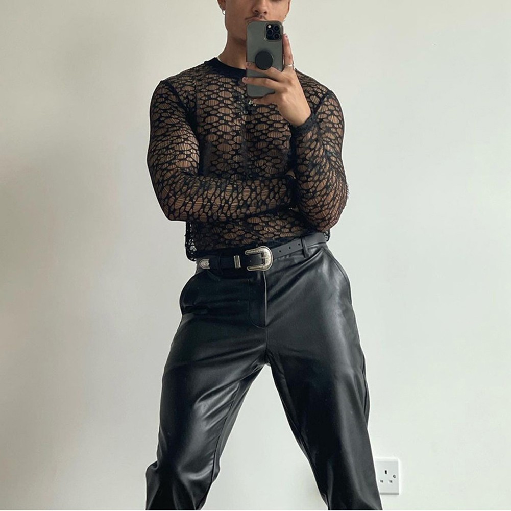 For Layering Men Mesh Tee Hollow Out Top High Street Style Mesh Fabric Loose Fit