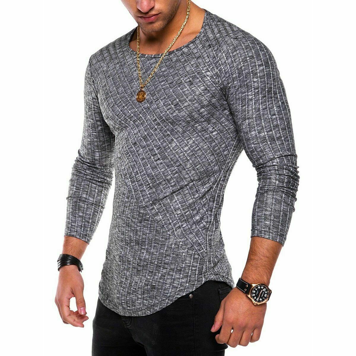 Men Casual Sport Round Neck Long Sleeve Slim Fit Top T-Shirt Muscle Gym Active