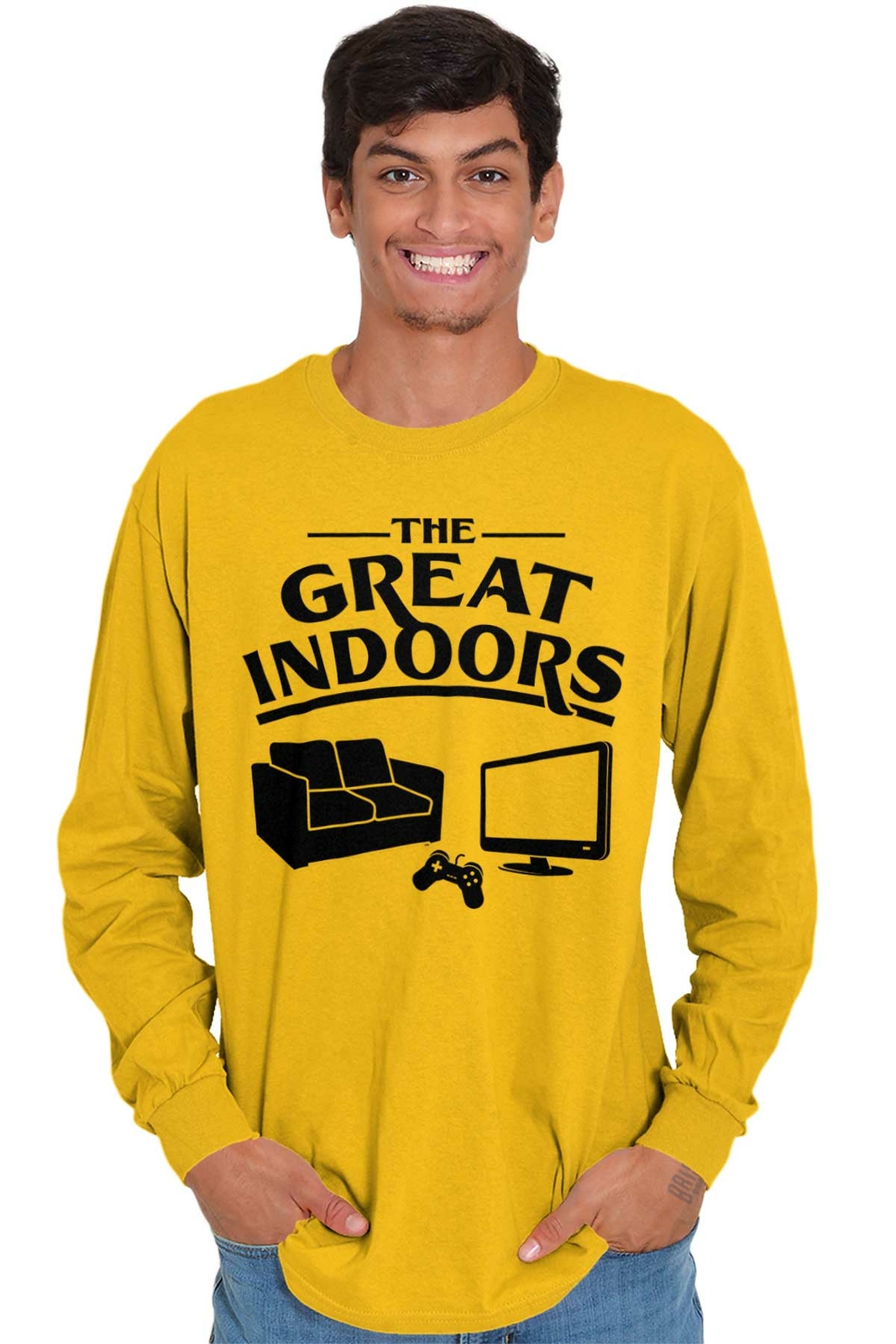 Funny Video Game The Great Indoors Introvert Mens Long Sleeve Crew Neck T Shirt