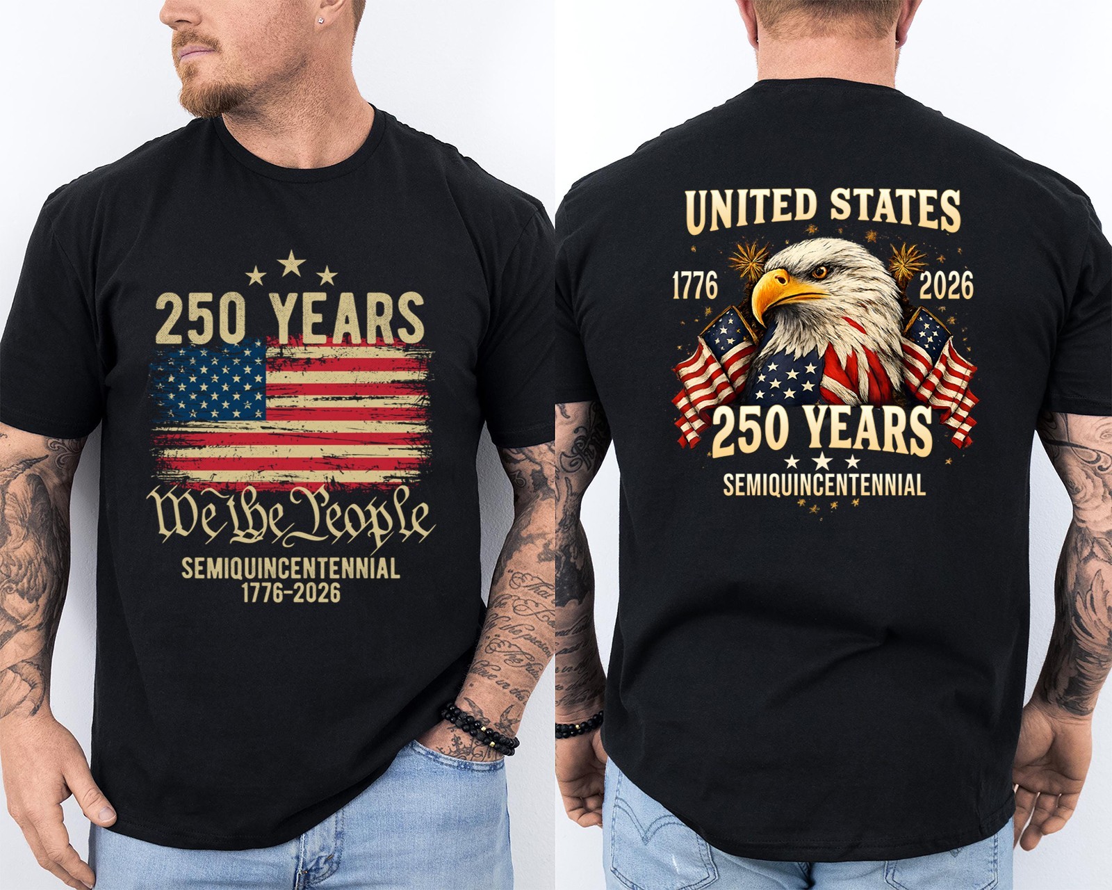 250 Years American Flag 250th Anniversary USA Bald Eagle Front & Back T-Shirt