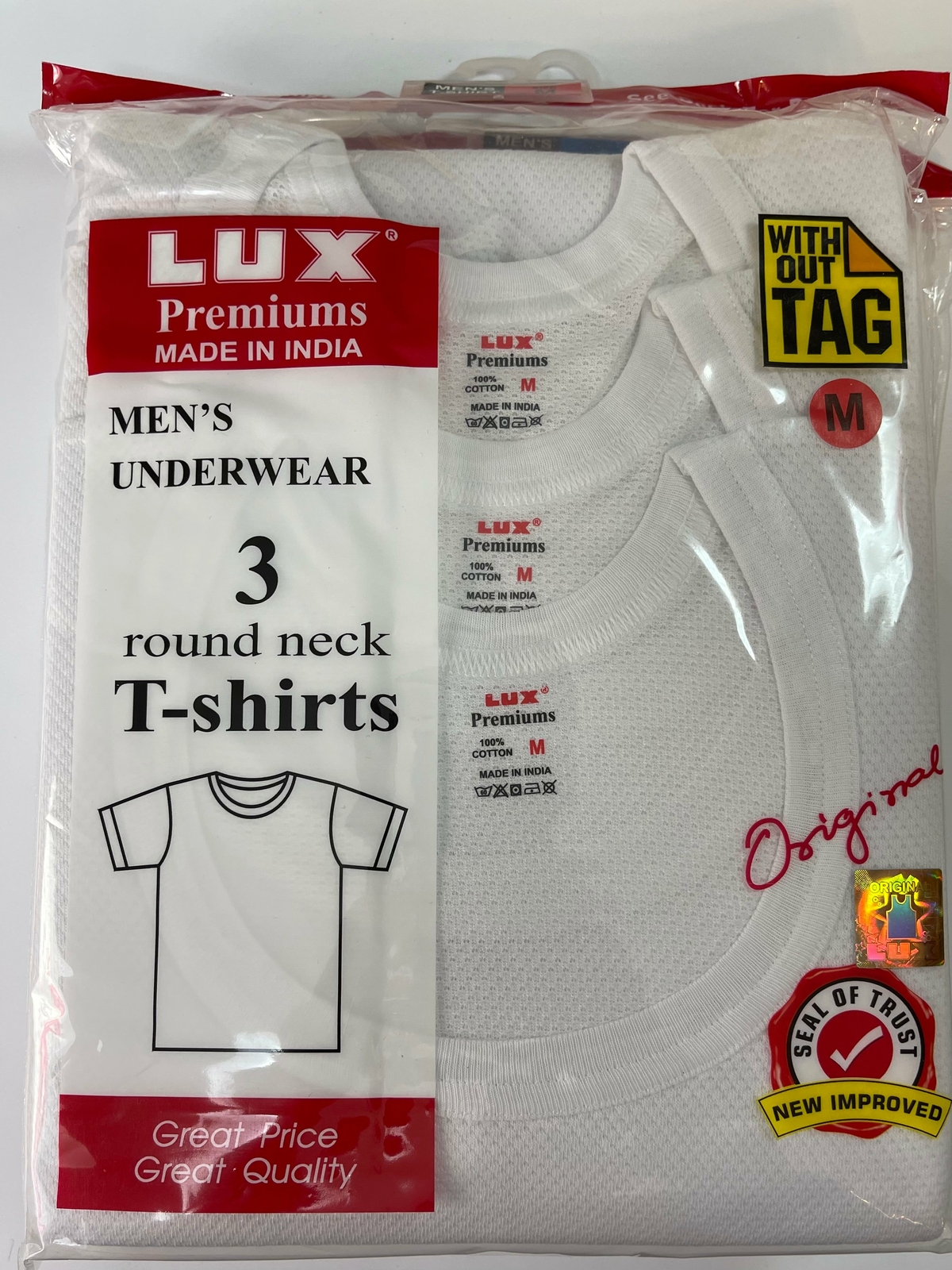 LUX PREMIUM JALI 100% COTTON MEN`S TEXTURED T- SHIRT WHITE PACK OF 3 PCS