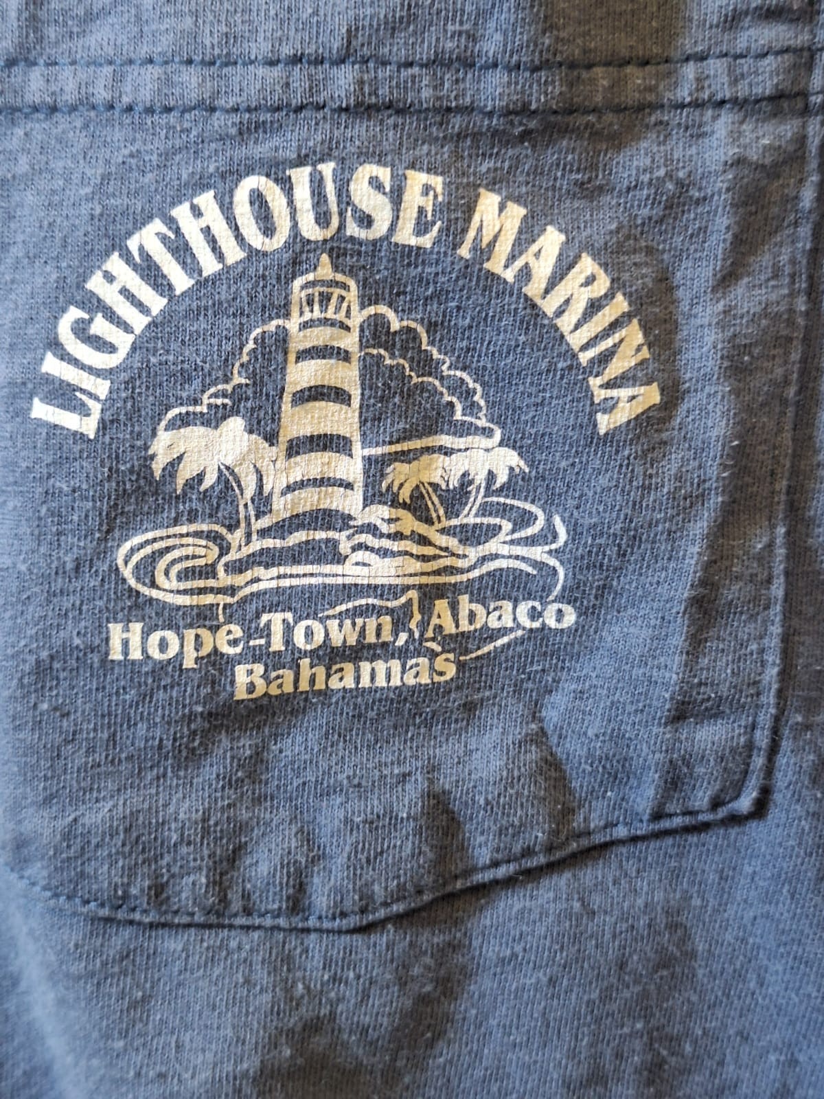 Lighthouse Marina Hope Town Abaco Bahamas T-Shirt XL Blue Pocket Tee Fishing