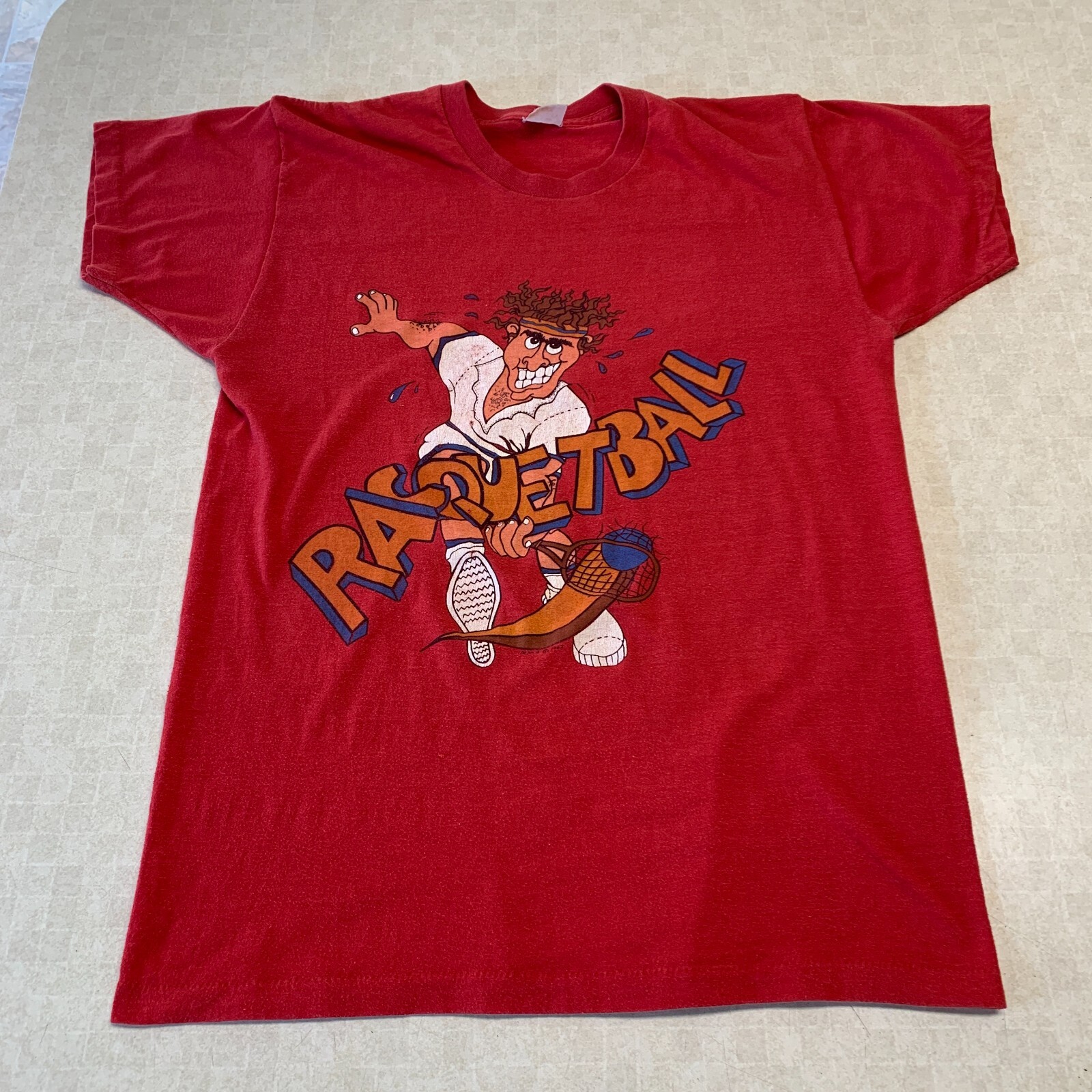 Vintage 1980’s 50 50 Racquetball Player Print T Shirt Made USA