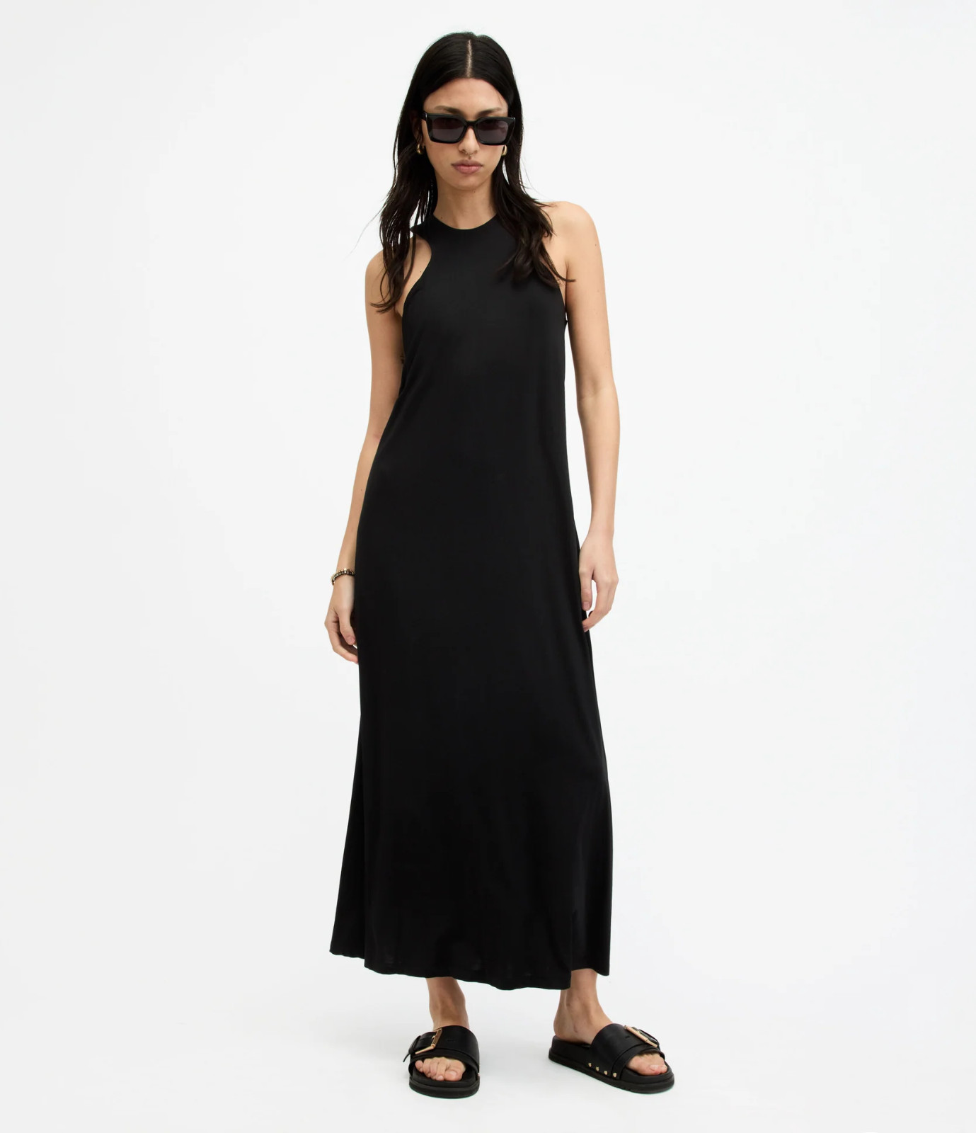 All Saints Womens Black Kura Maxi Dress Designer Viscose Regular Fit Stretch