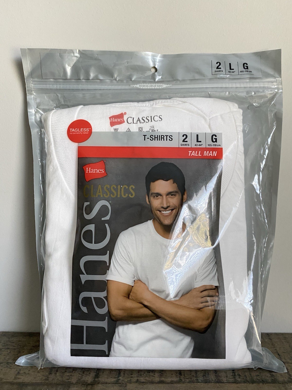 Hanes Classics T-Shirts 2 Pack L Tall Man 100% COTTON Tagless Long Length 9856