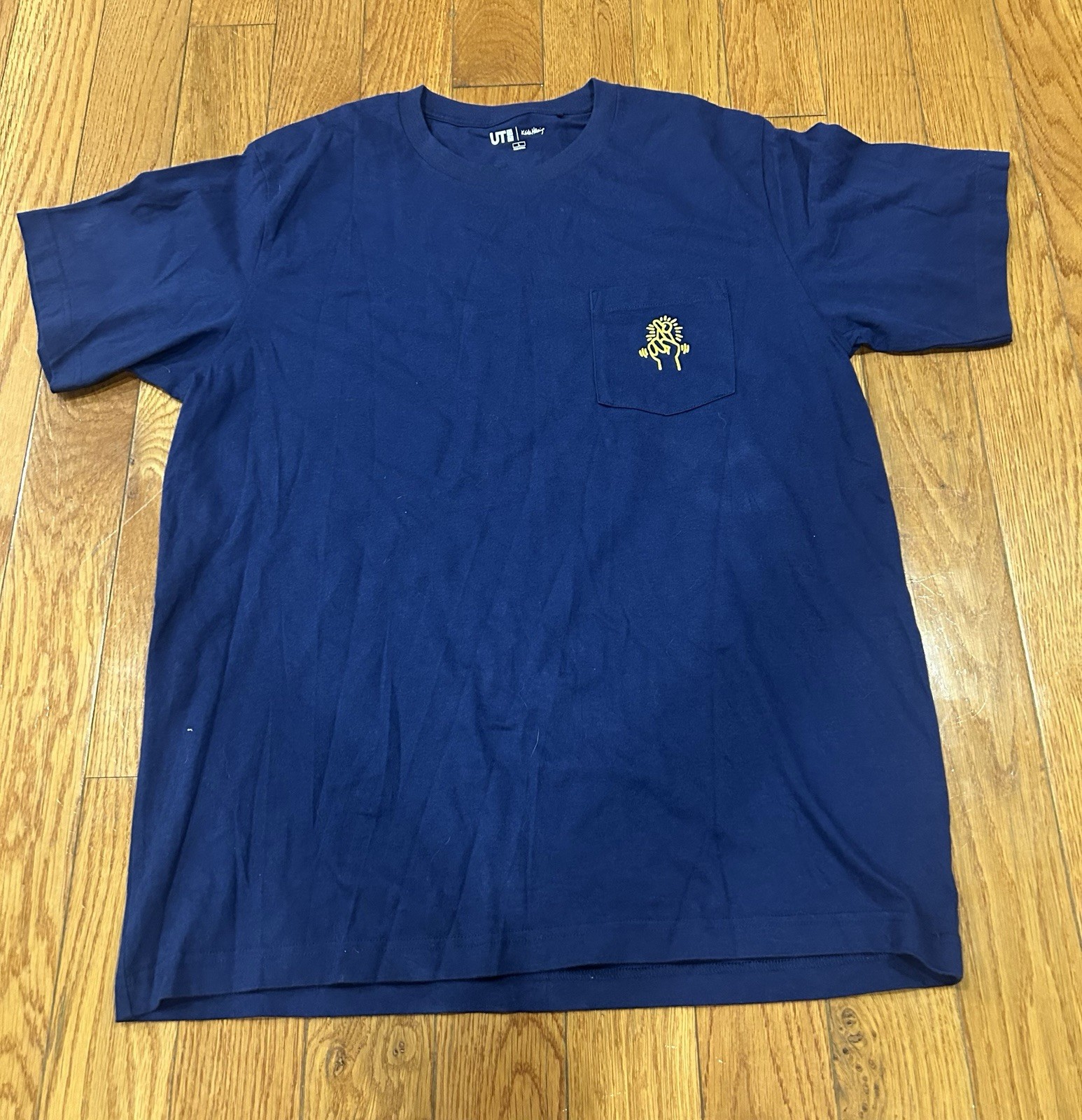 Keith Haring Uniqlo UT Shirt Large L Blue Pop Art Pocket Graphic Short Sleeve