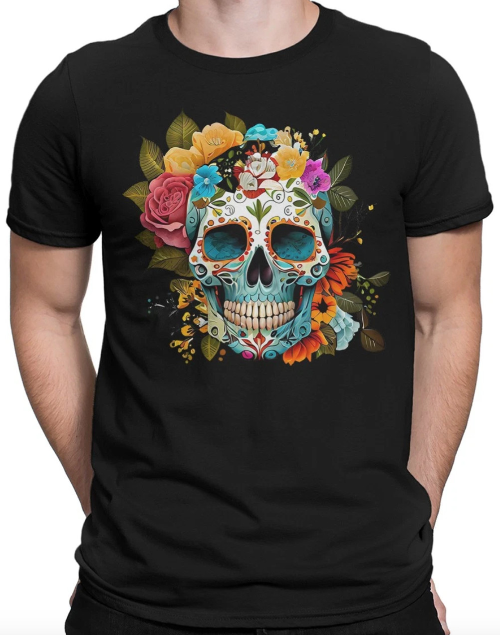 Vibrant Sugar Skull Floral T-Shirt Mexican Day of the Dead Celebration Gildan