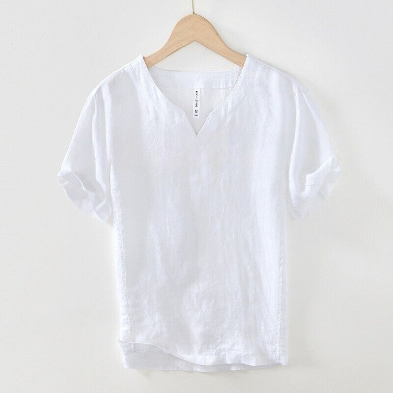 Men 100% Linen V Neck T-shirt Retro Summer Short Sleeves Tops Casual Undershirt