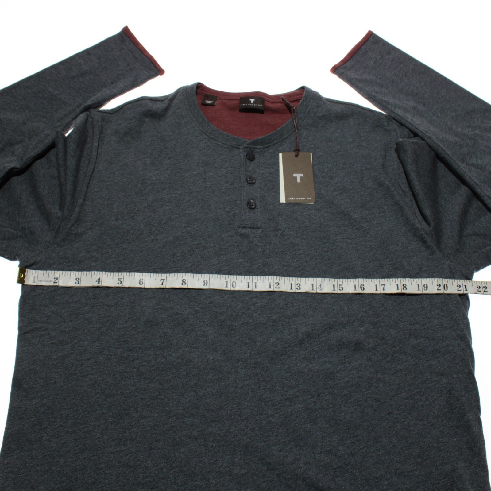 Left Coast Tee NWT Long Sleeve Henley T-Shirt Size M in Gray / Red Cotton