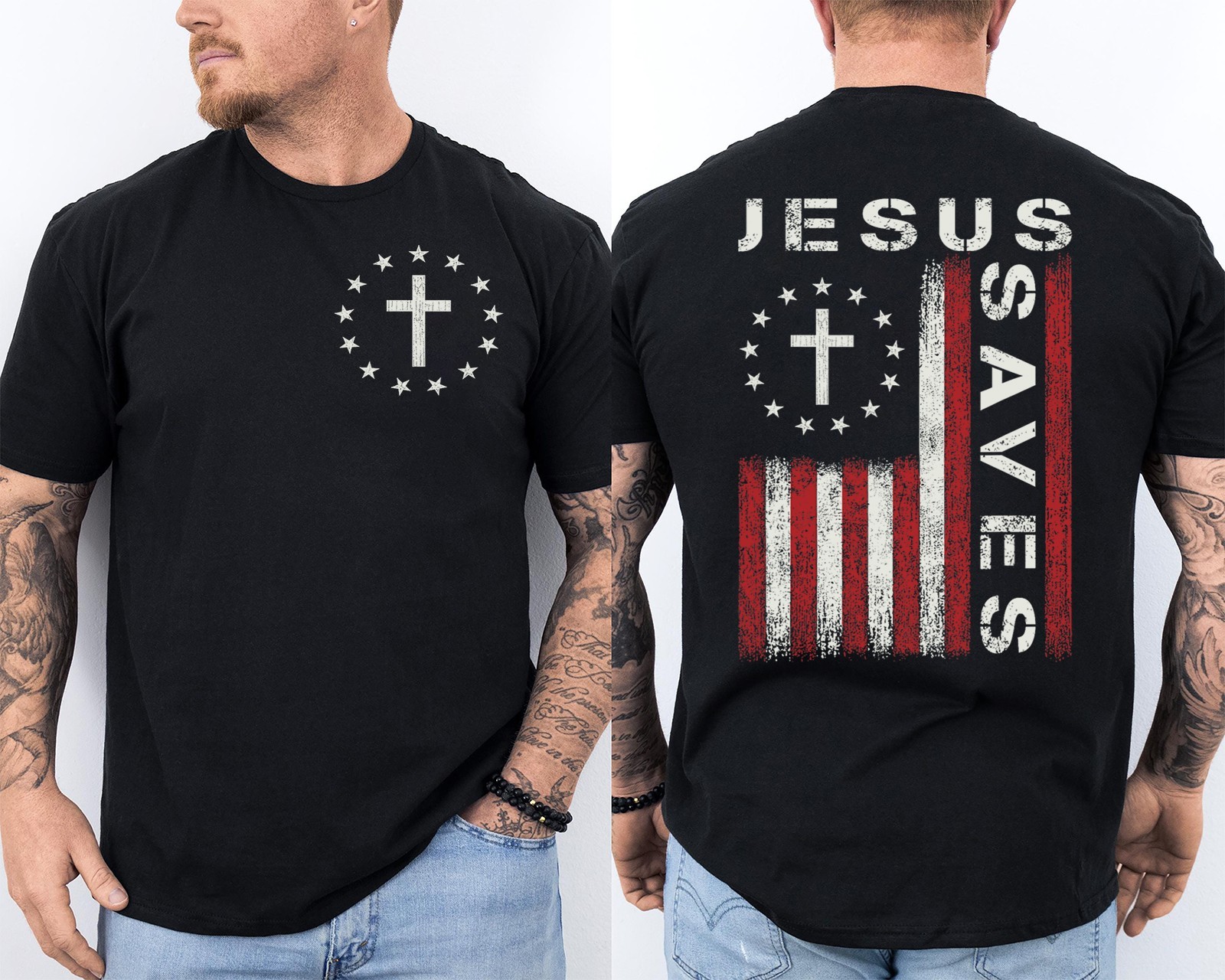 Jesus Saves USA Christian God Bible Faith Cross Religious 2 Sided T-Shirt