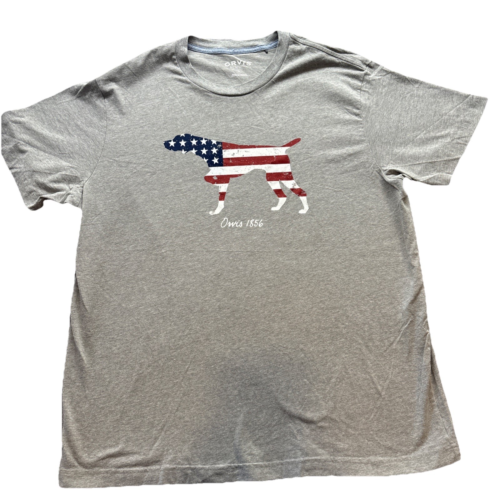 Orvis Patriotic Dog Graphic T-Shirt Gray Short Sleeve XL USA Flag 1856