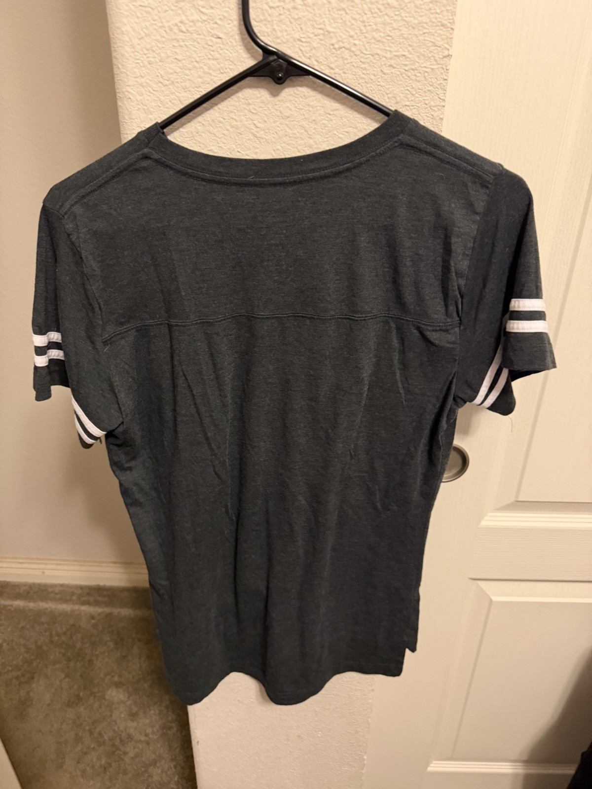 Men’s Gray V-Neck Short Sleeve T-Shirt with White Striped Sleeves, Size M