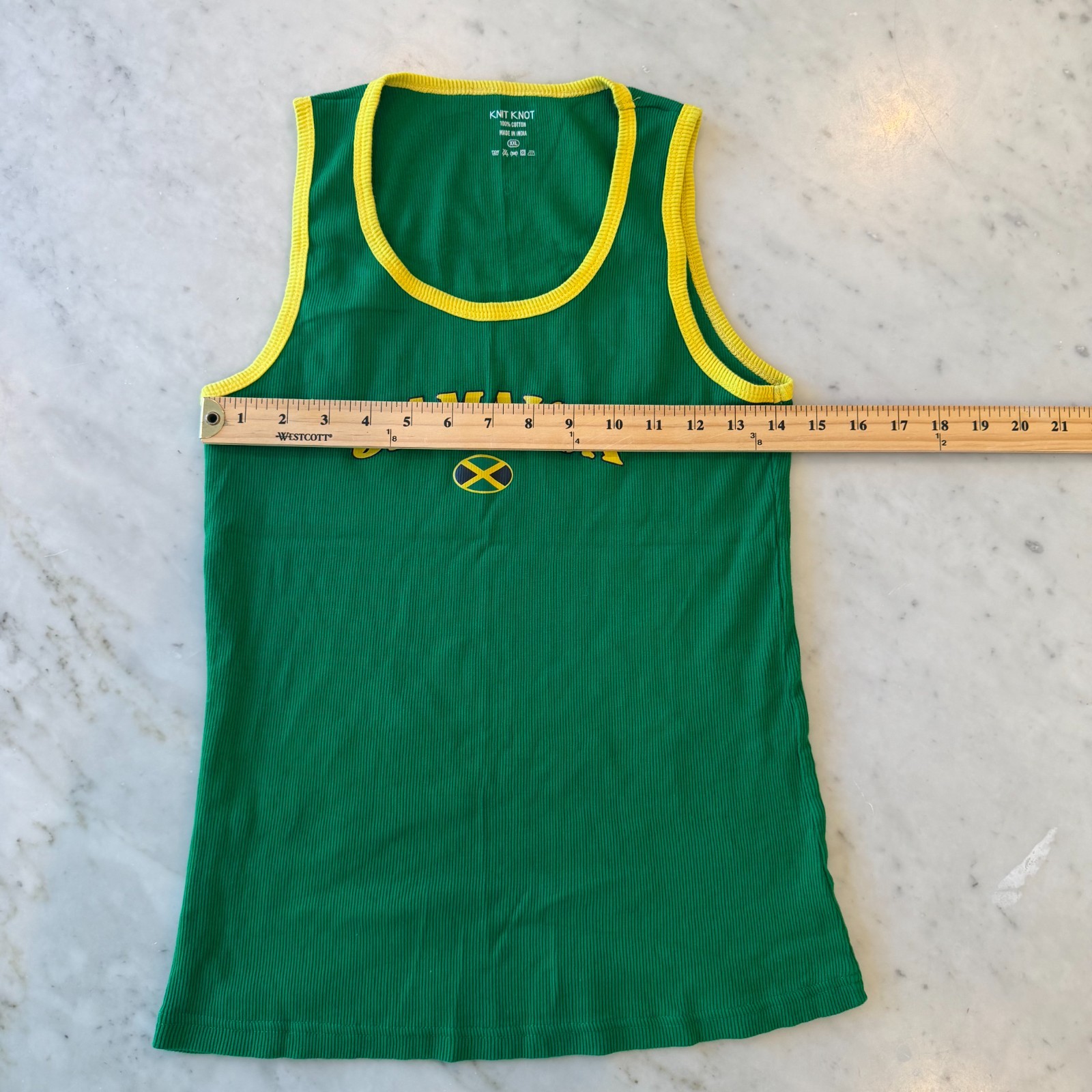 Knit Knot Jamaica Ribbed Tank Top Green Yellow Trim Flag Graphic Size XXL