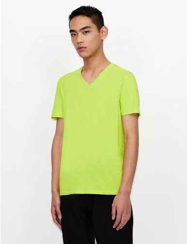 Armani Exchange Short-Sleeve Pure Pima Cotton Jersey V-Neck Shirt Neon Green, S
