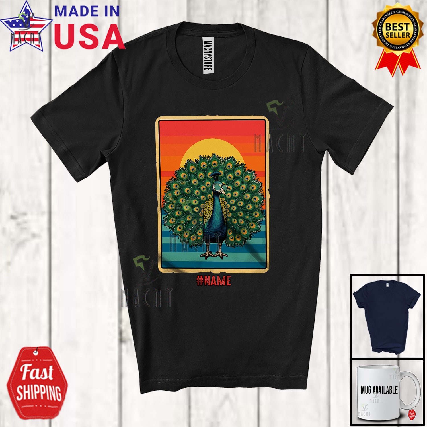 Custom Name Retro Peacock Sunglasses 70s 80s 90s; Lovely Summer Peacock T-Shirt