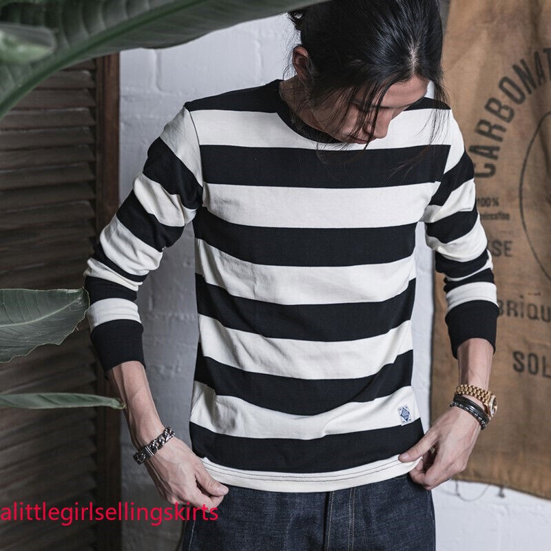 NON STOCK Men Prisoner Striped Long Sleeve T-Shirt Casual Cotton Crew Neck Shirt