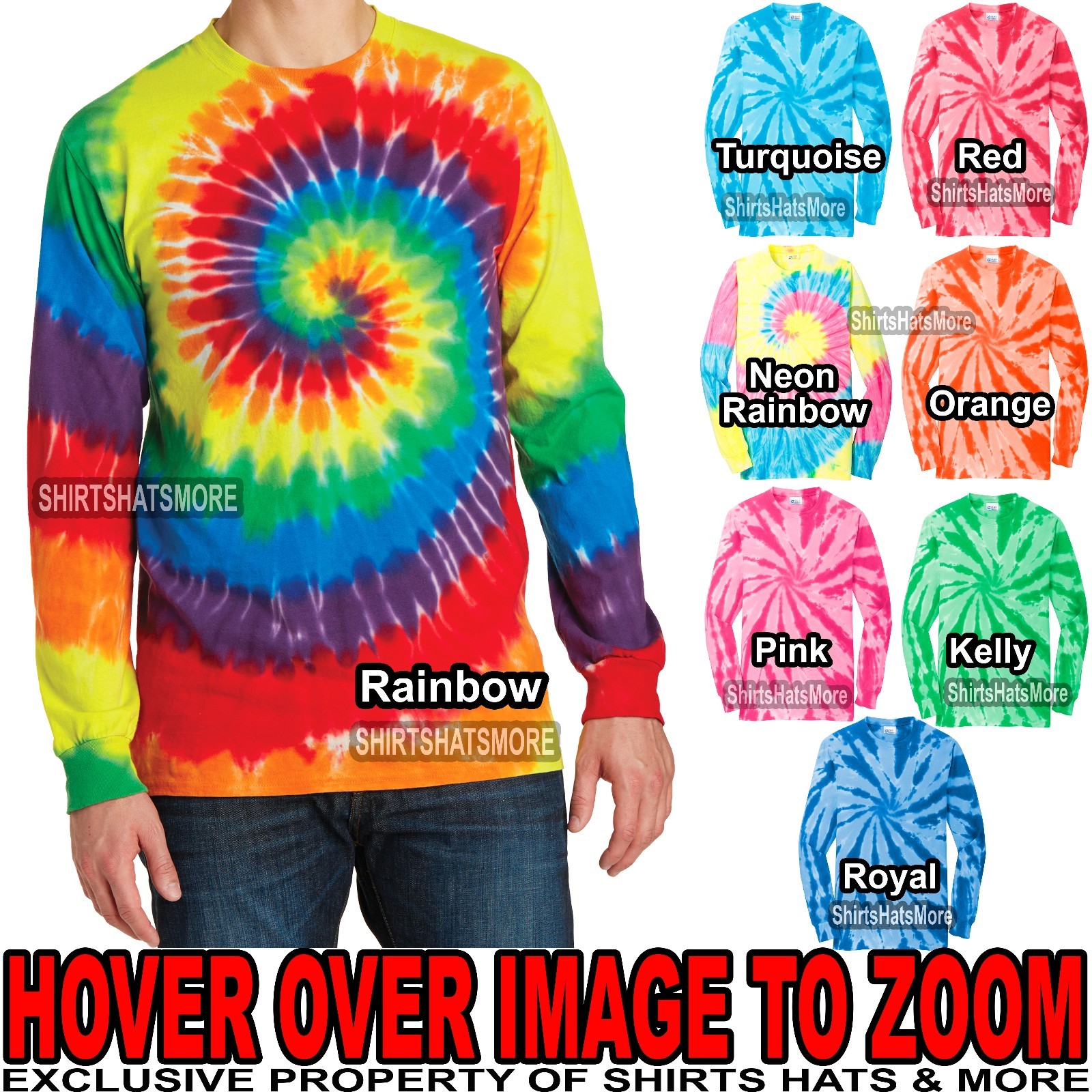 Mens LONG SLEEVE Tie Dye T-Shirt Cotton Tye Died Tee S-XL 2XL, 3XL, 4XL NEW