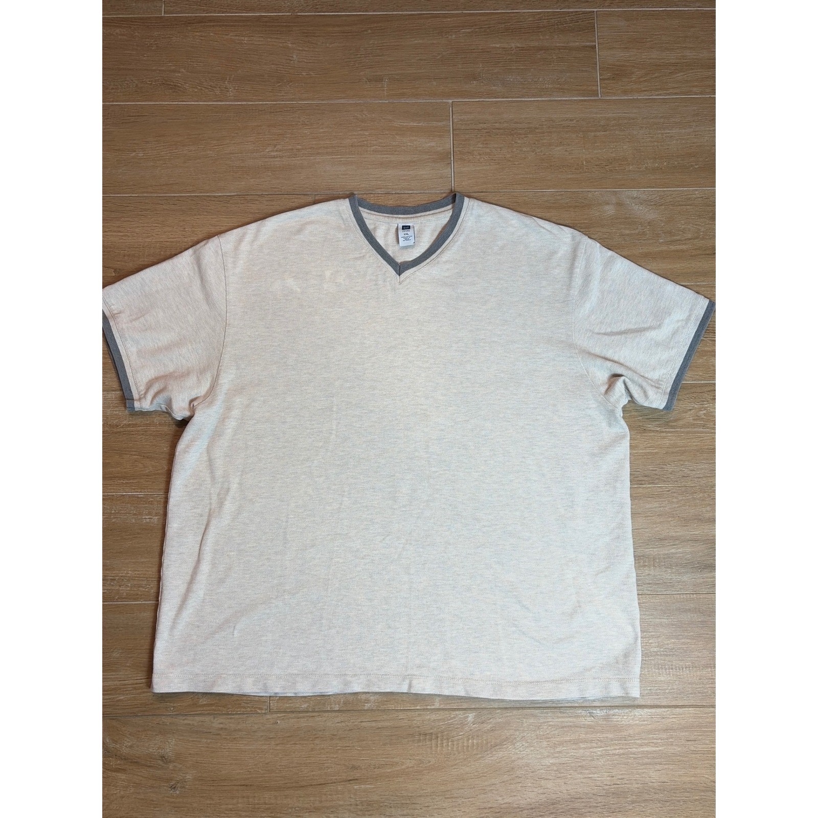 Gap Factory Mens XXL V-Neck Shirt Short Sleeve Oatmeal Heather Grey Trim Cotton