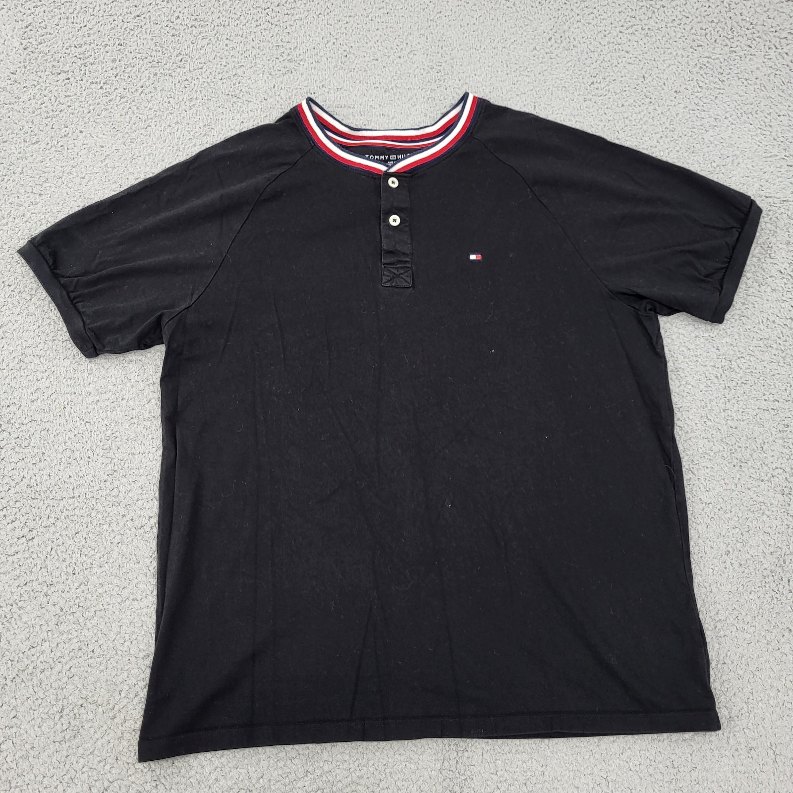 Tommy Hilfiger Shirt Mens Large Black Henley Embroidery