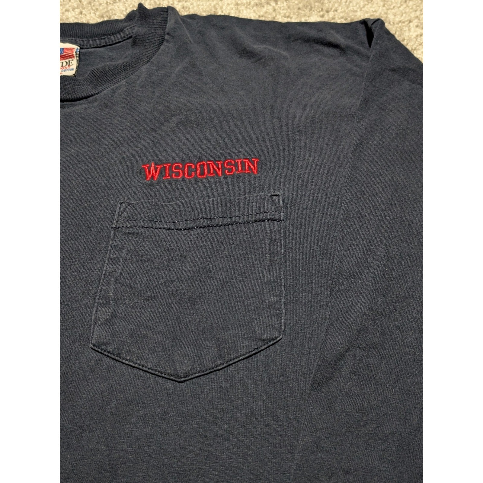 Bayside Heavy Weight Long Sleeve Pocket Tee Wisconsin Navy Blue Mens XL USA Made
