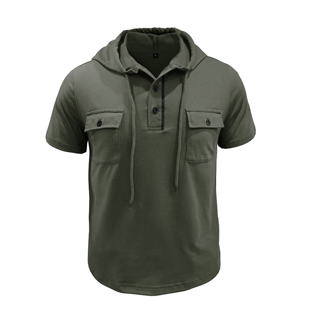 Men Short Sleeve Solid Hooded T-Shirt Tops Drawstring Casual Loose Blouse Shirt