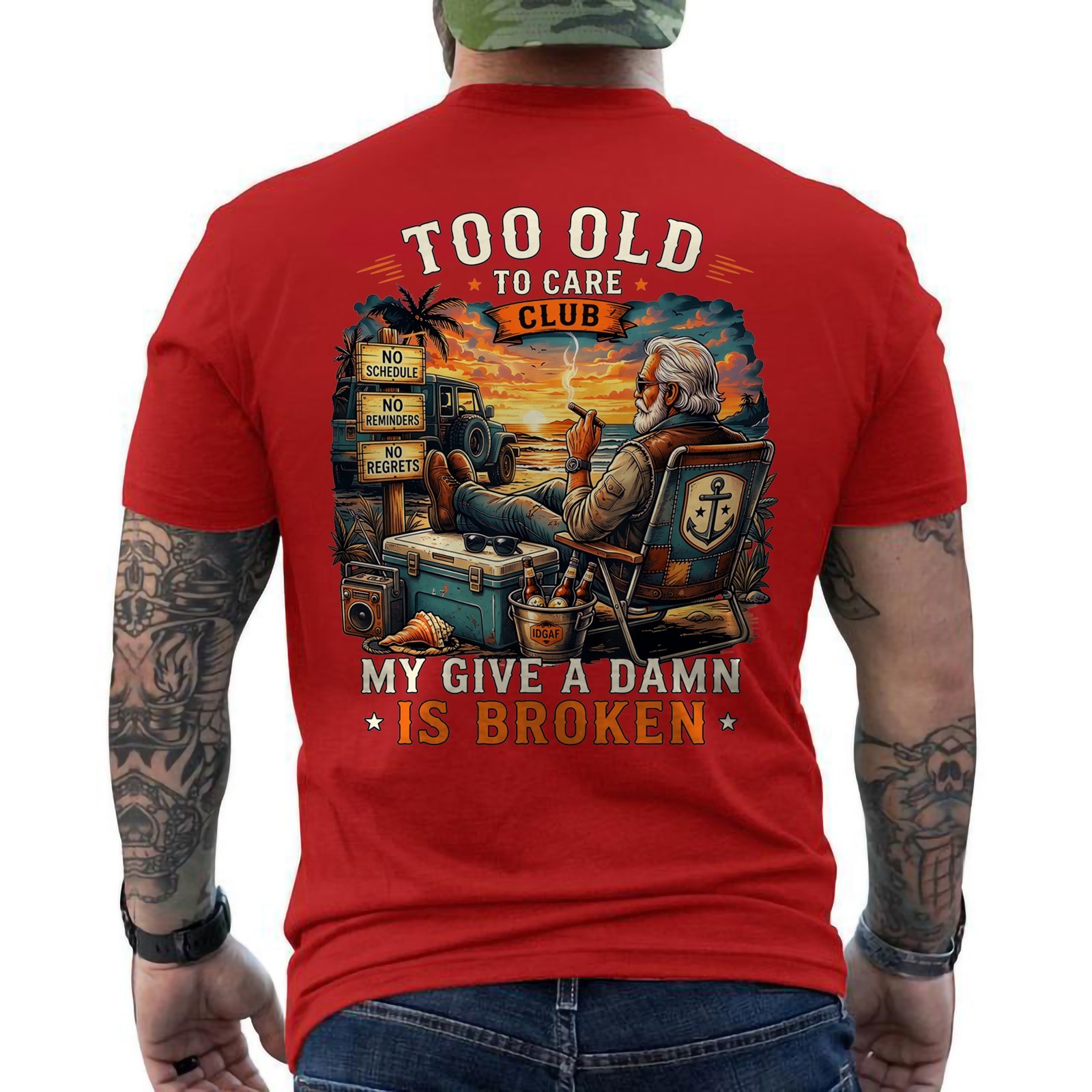 Too Old to Care Club Don’t Care My Give A Damn is Broken Retro ON BACK T-Shirt