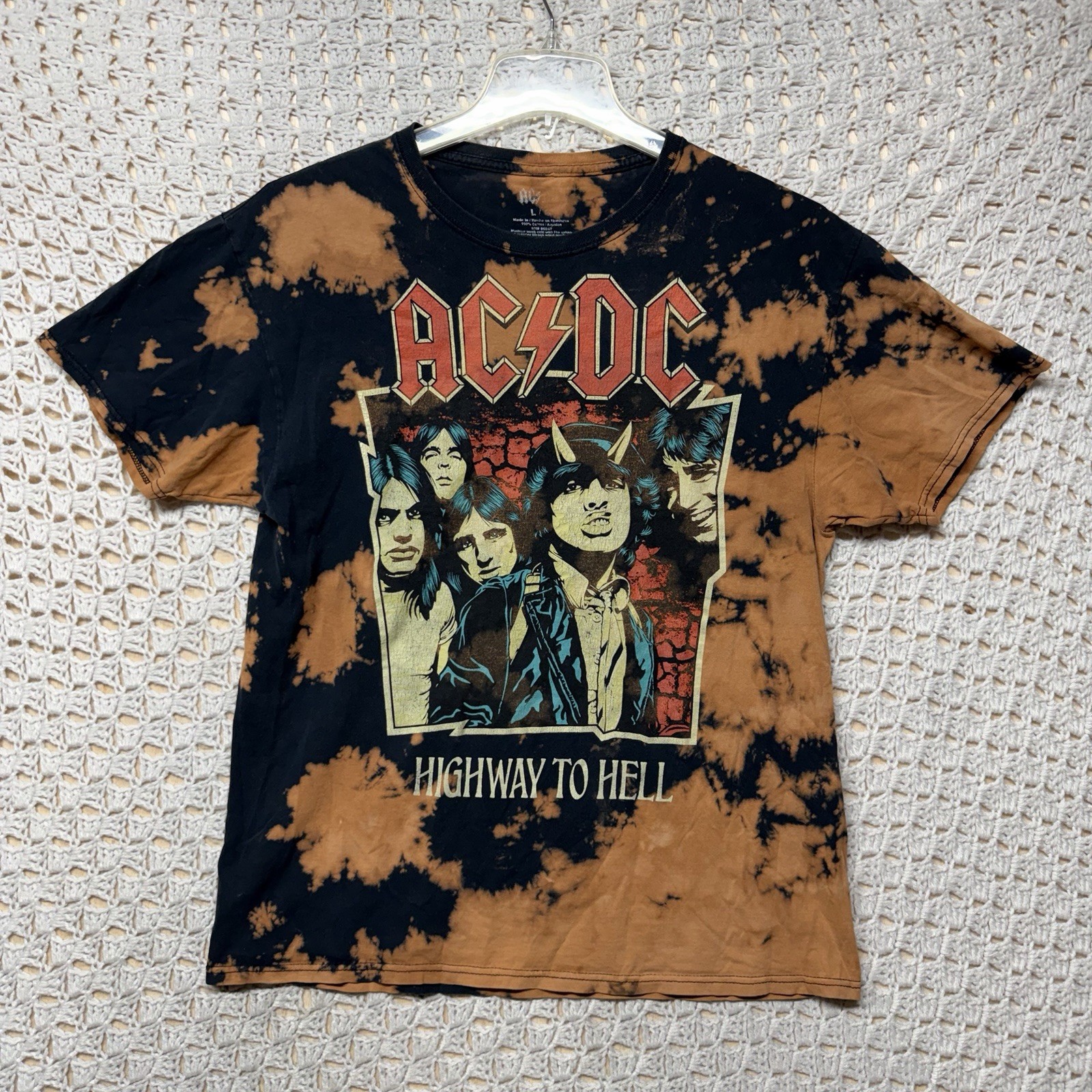 AC/DC Highway To Hell T-Shirt Mens Sz L Black Orange Tie Dye Band Tee 100%Cotton