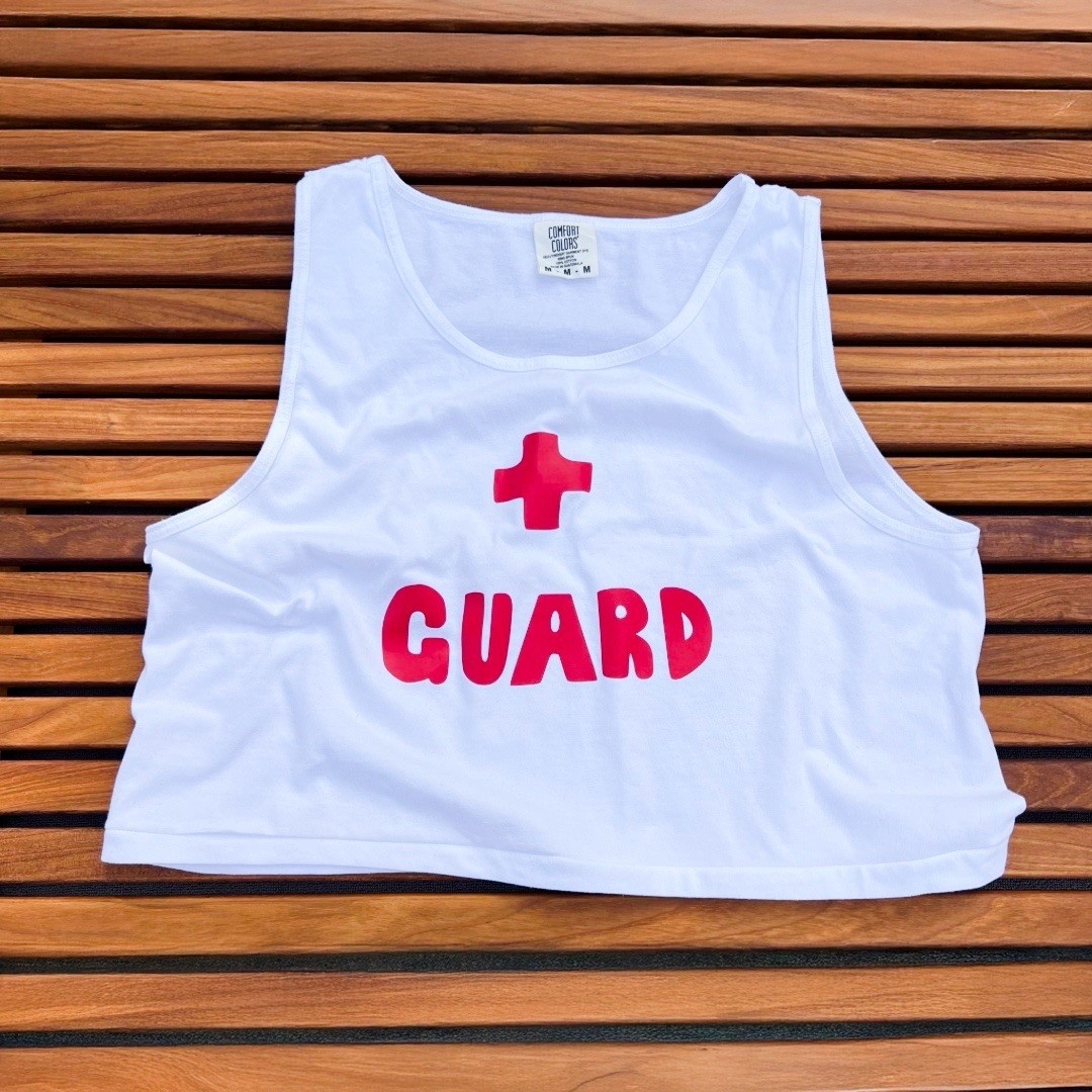 Lifeguard custom printed Mens White 100% cotton super short crop tank top
