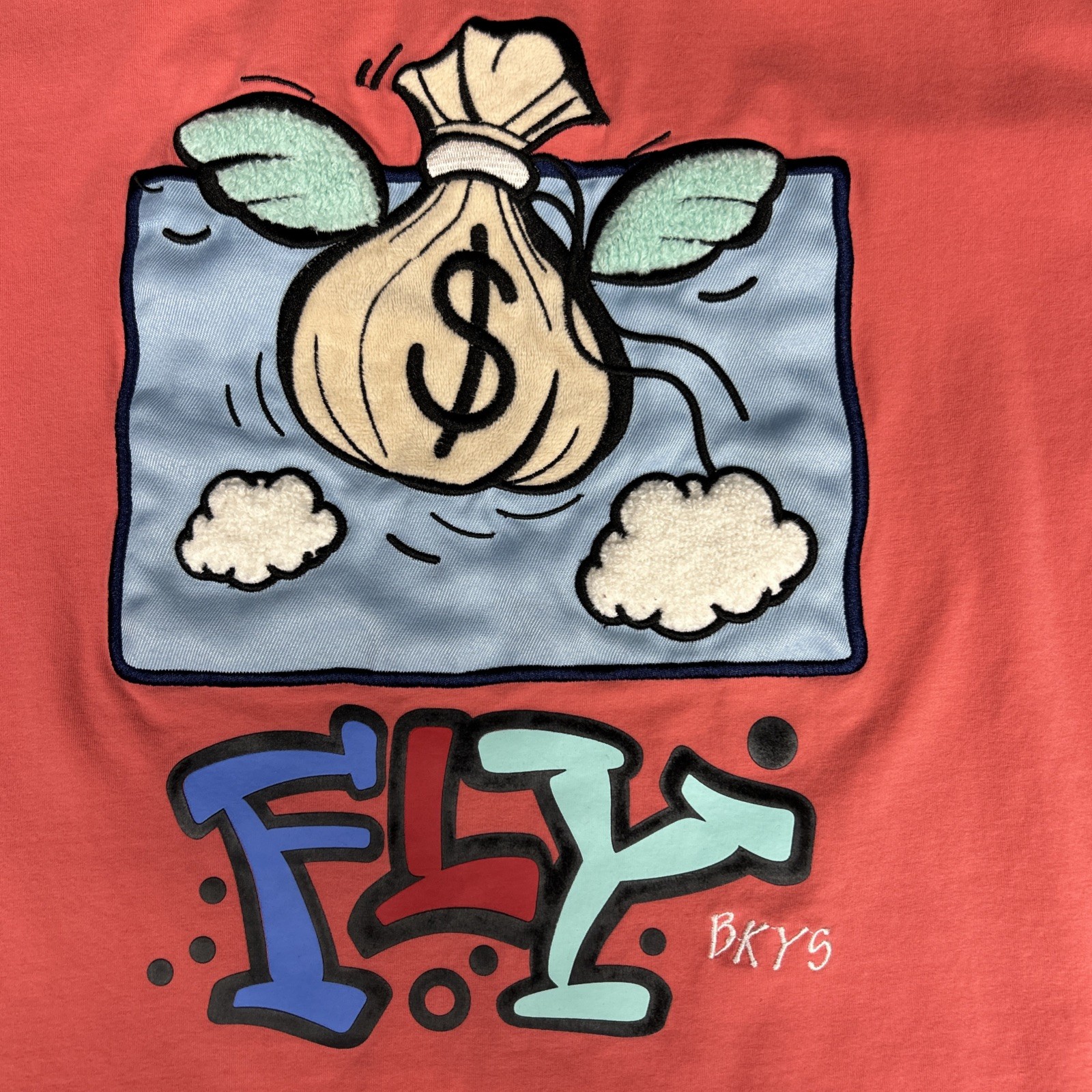 BKYS Fly Coral Pink T Shirt Money Bag Wings Applique Puffy Graphic Flocked 2XL