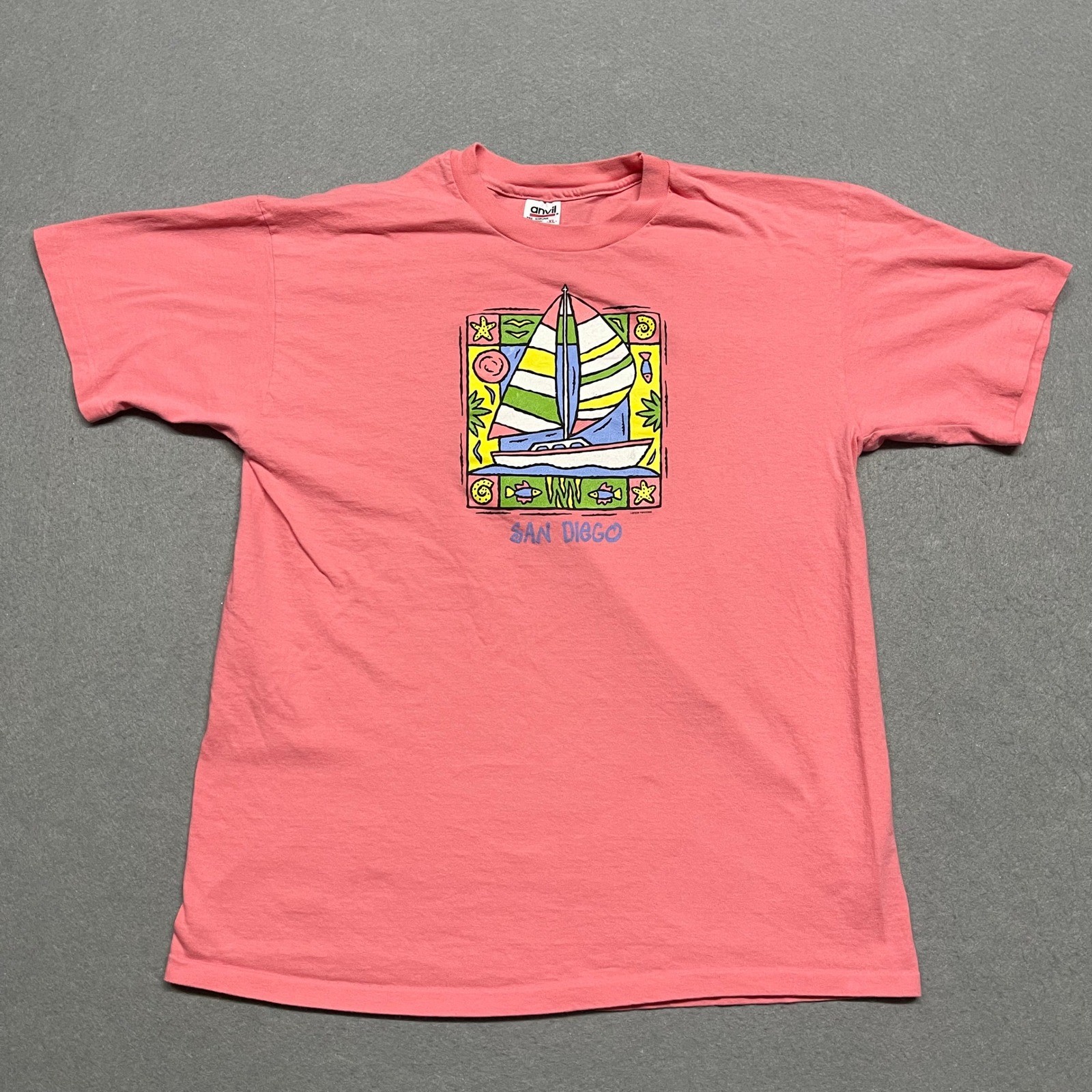 VTG Lance Headlee T-Shirt Mens XL Pink San Diego Sailboat Graphic Anvil Tag USA