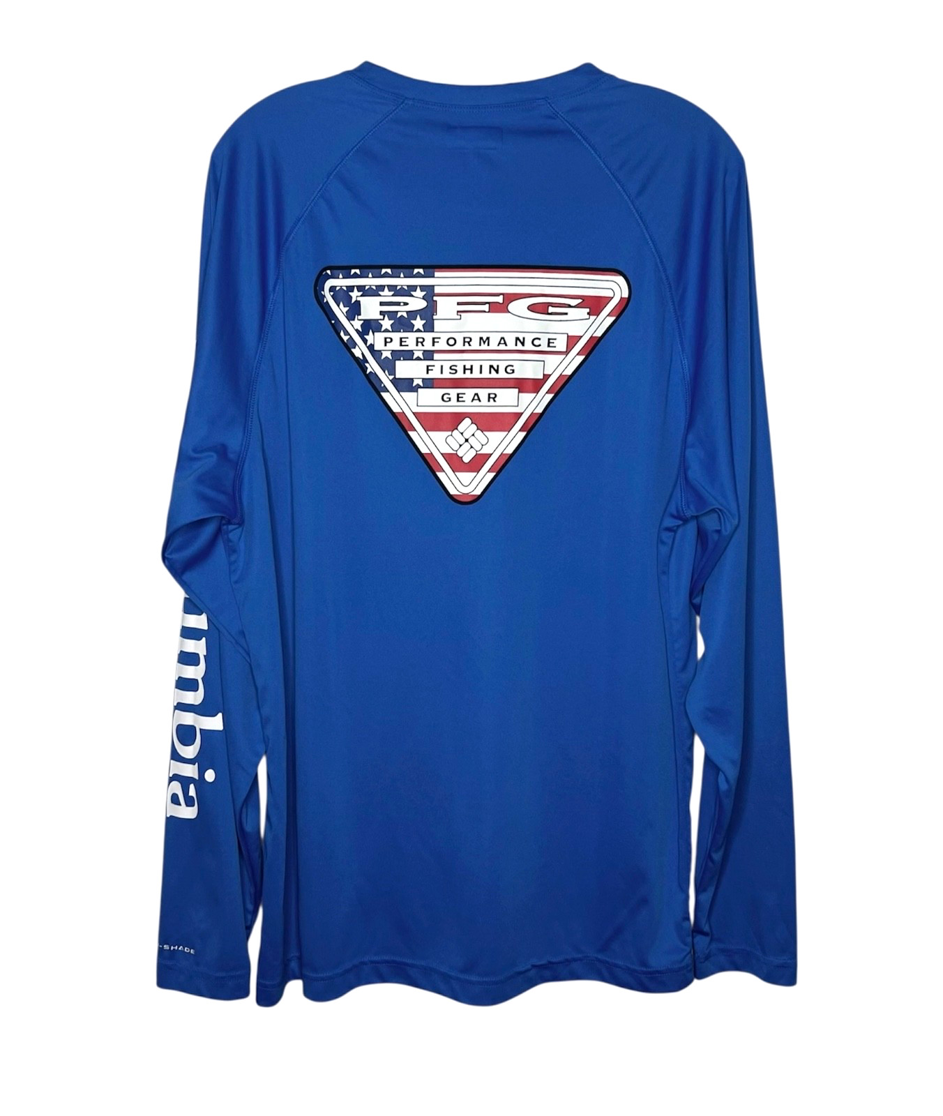 Columbia PFG Terminal Tackle Long Sleeve Shirt Mens M Blue USA Flag Triangle